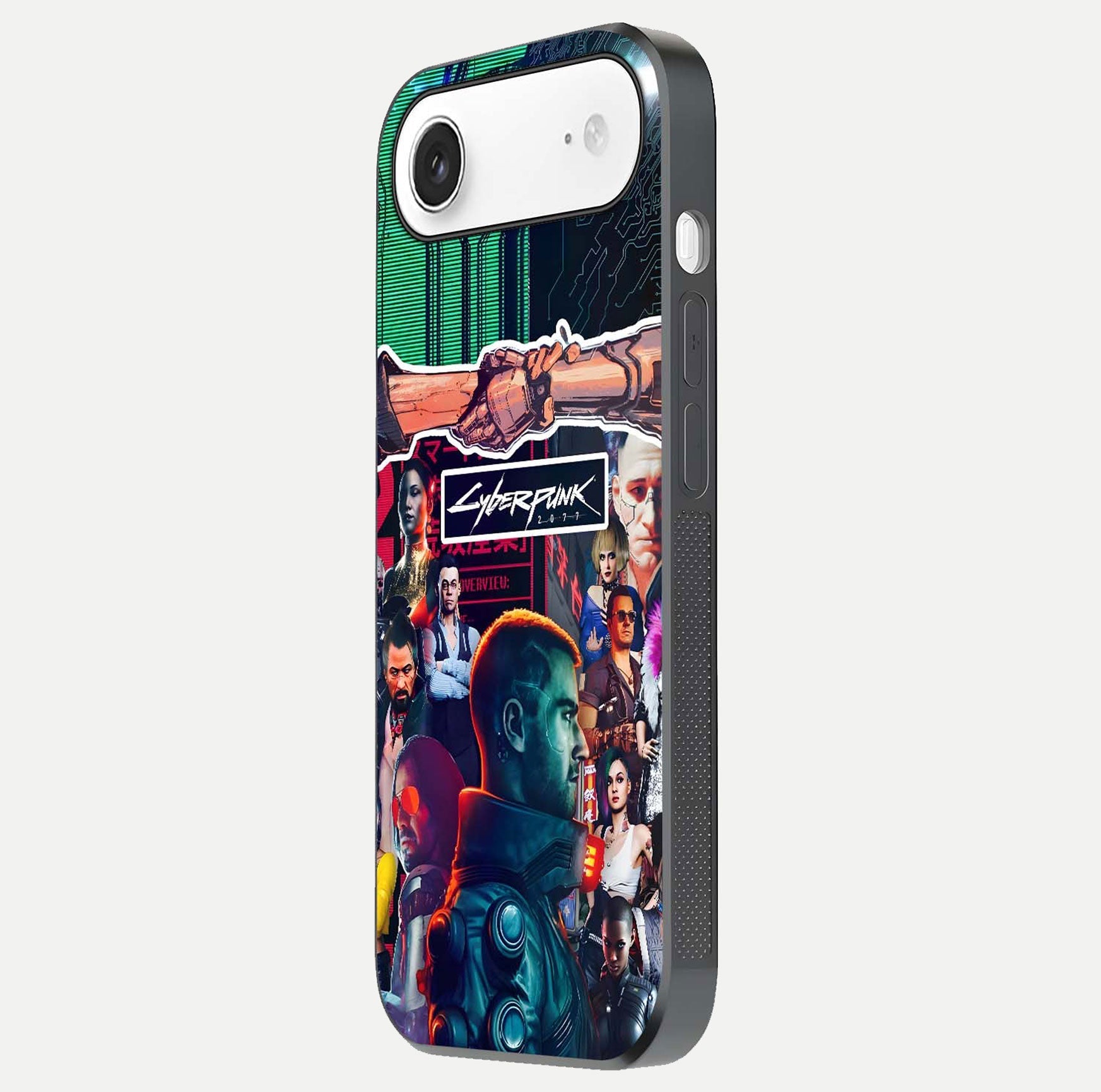 CYBERPUNK Legacy Glass Case for iPhone Air  side-angle photo showing edge glow and reflective surface