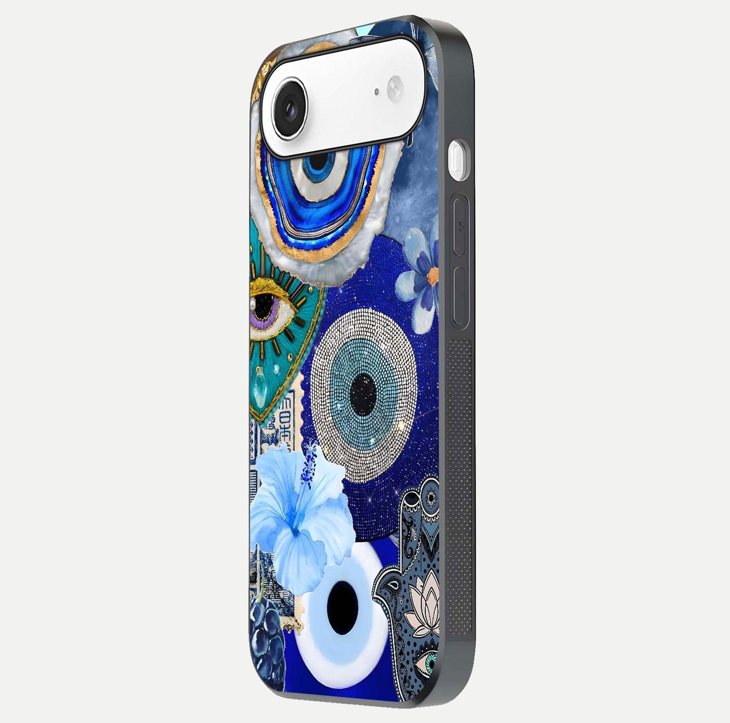 Celestial Blue Vision Glass Case for iPhone Air  side-angle image capturing starlight shimmer and glass reflection