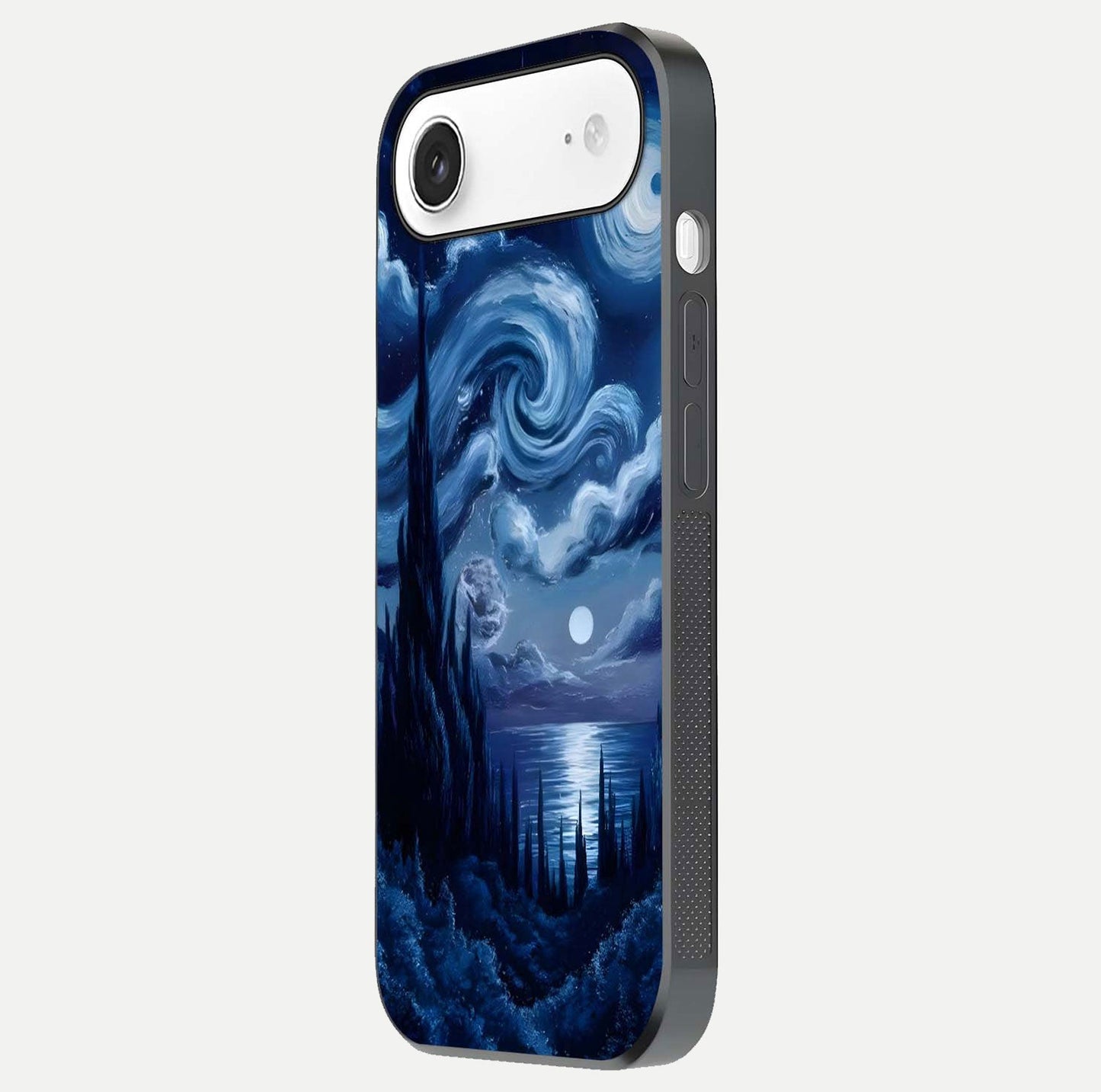 Celestial Dream Van Gogh Glass Case for iPhone Air  side-angle photo showing depth swirl design and curved reflection