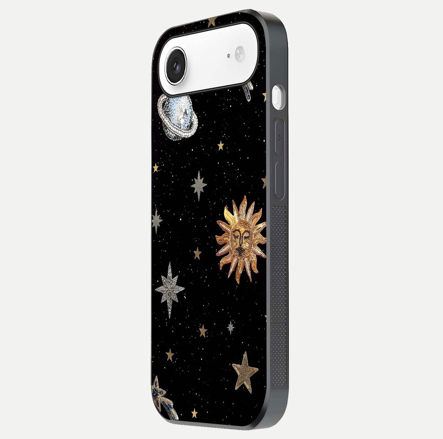 Celestial Moon With Stars Glass Case for iPhone Air  side-angle view showing curved edges and shimmer glow
