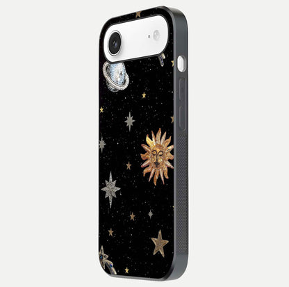 Celestial Moon With Stars Glass Case for iPhone Air  side-angle view showing curved edges and shimmer glow