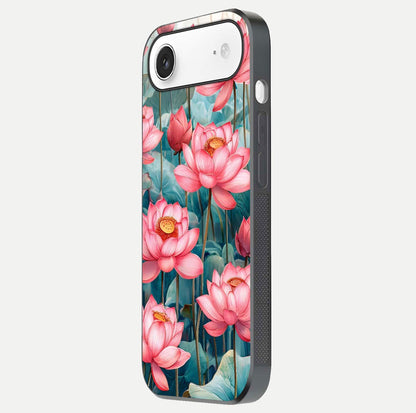Celestial Pink Lotus Glass Case for iPhone Air  side-angle image showing reflective shine and petal curve