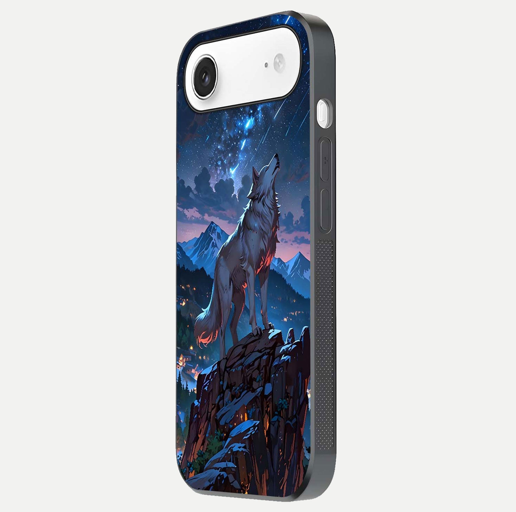 Celestial Wolf Howl Glass Case for iPhone Air  side-angle image showing curve polish and moon glow