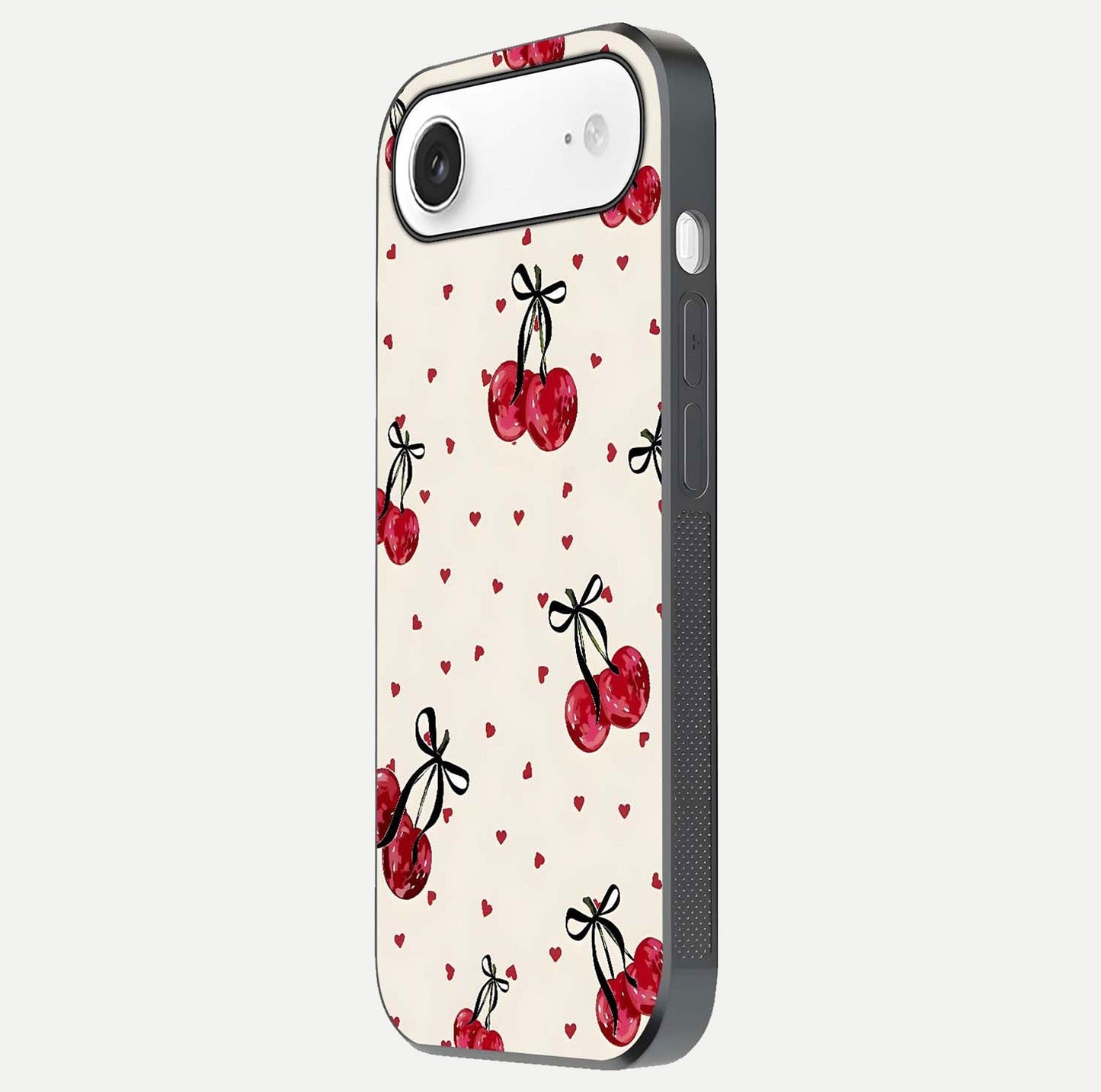 Cherry Heart Bow Glass Case for iPhone Air  side-angle image capturing gloss texture and charm bow art