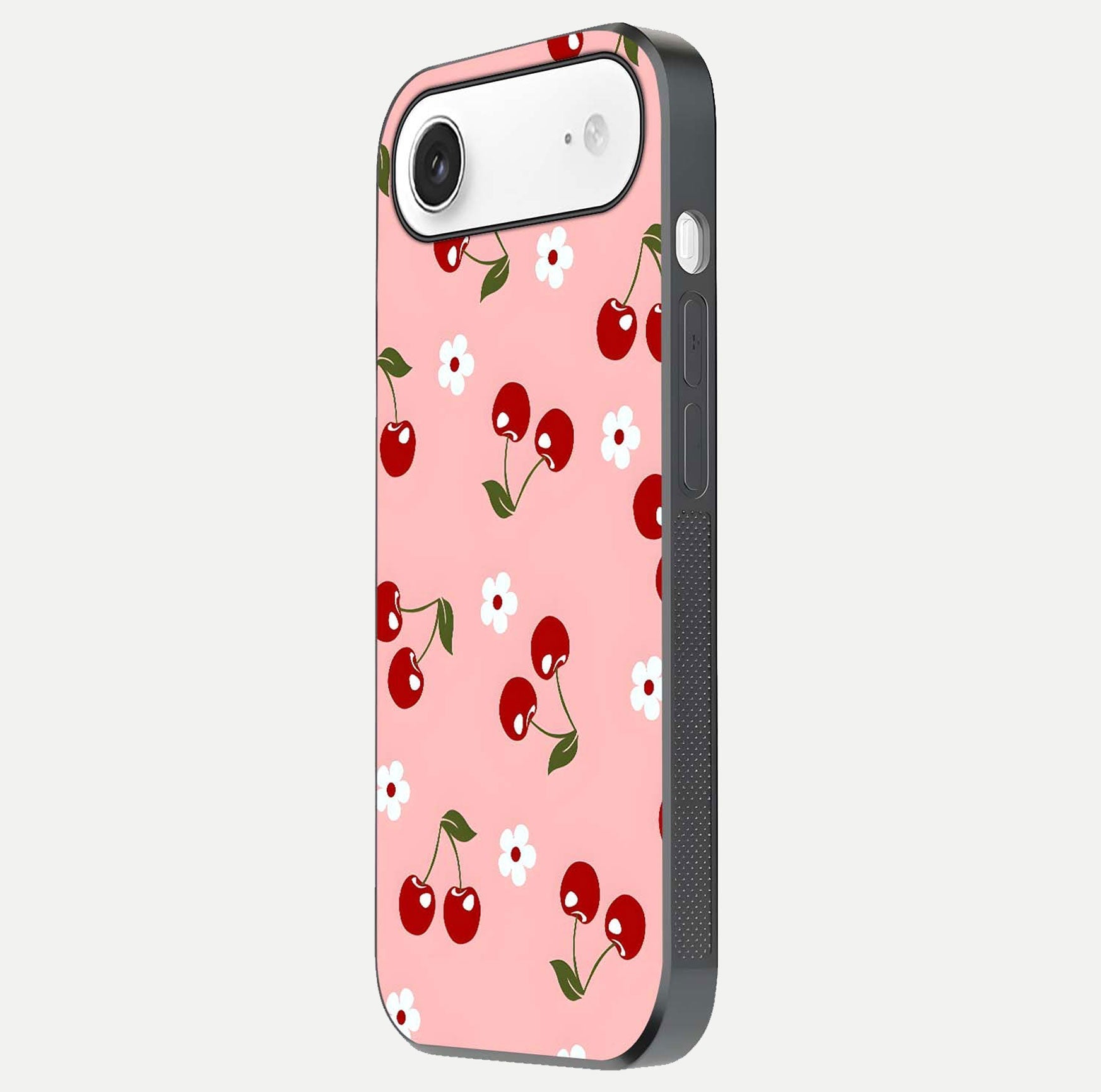 Cherry Love Mood Glass Case for iPhone Air  side-angle image capturing smooth gloss and delicate details