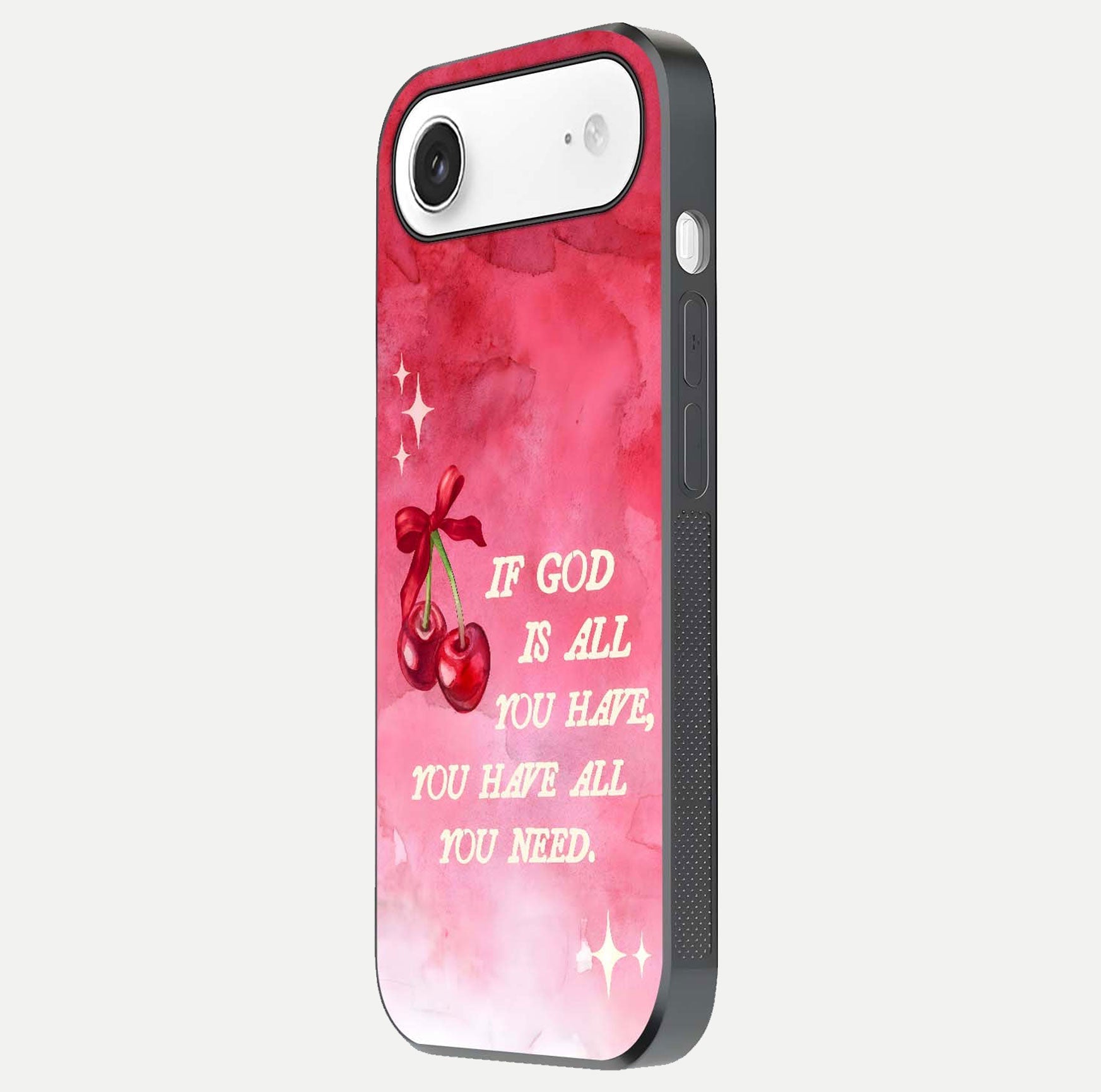 Cherry Quote Glass Case for iPhone Air  side-angle image showing curve glow and glass detail