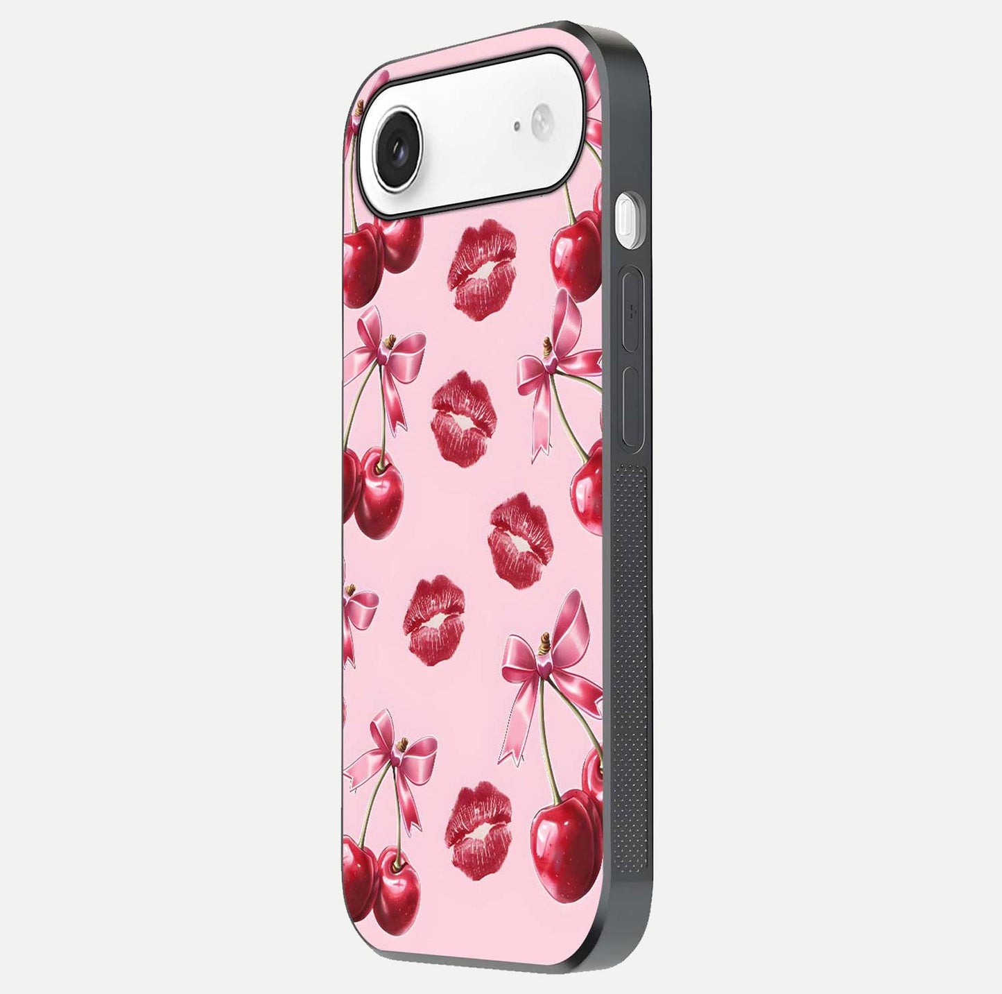 Cherry With Lips Glass Case for iPhone Air  side-angle image showing gloss reflection and fine details