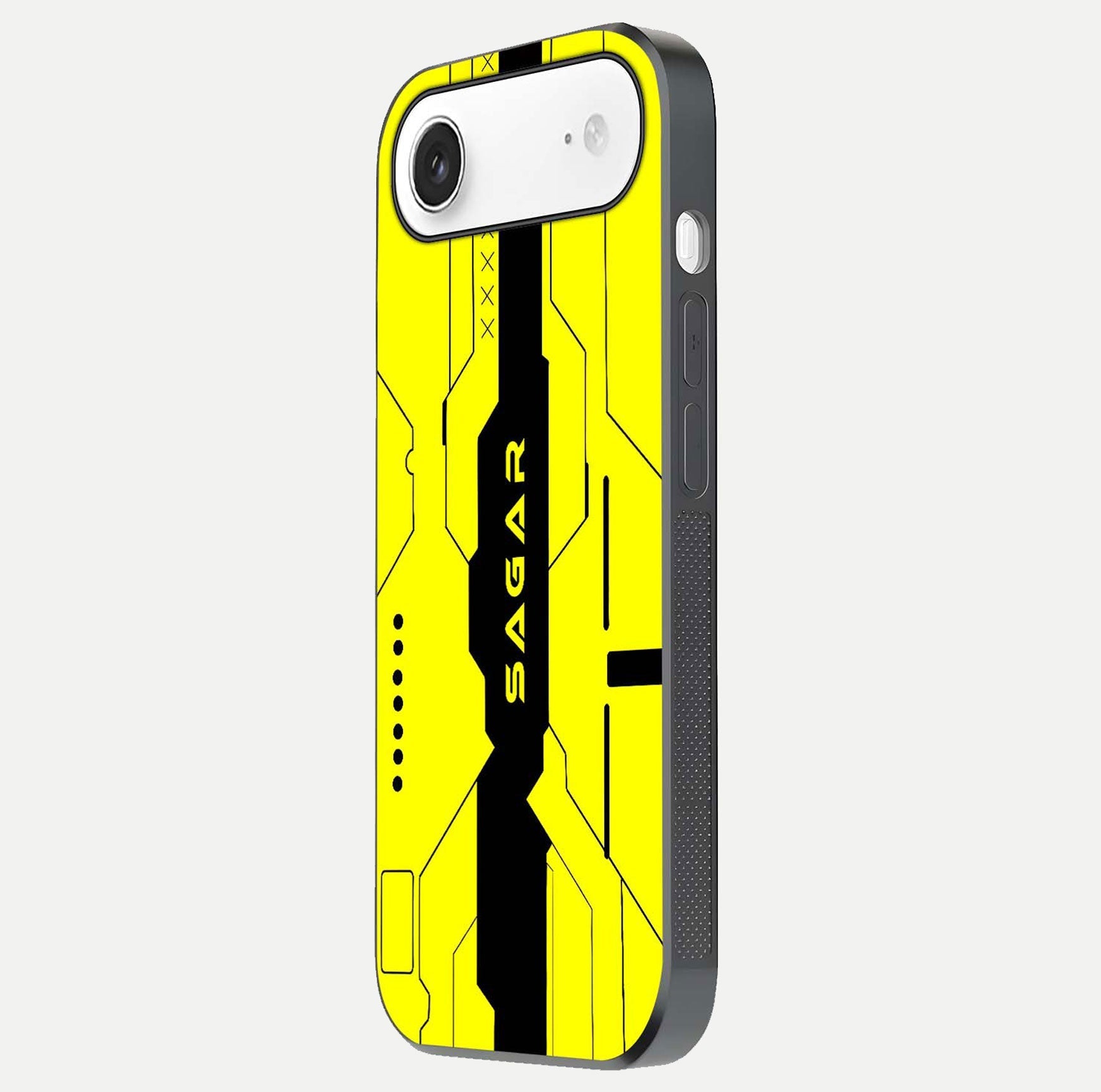 Circuit CYBERPUNK Custom Name Glass Case for iPhone Air  side-angle image showing reflective finish and design precision