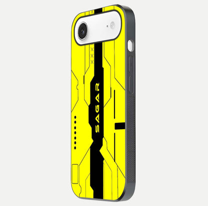 Circuit CYBERPUNK Custom Name Glass Case for iPhone Air  side-angle image showing reflective finish and design precision
