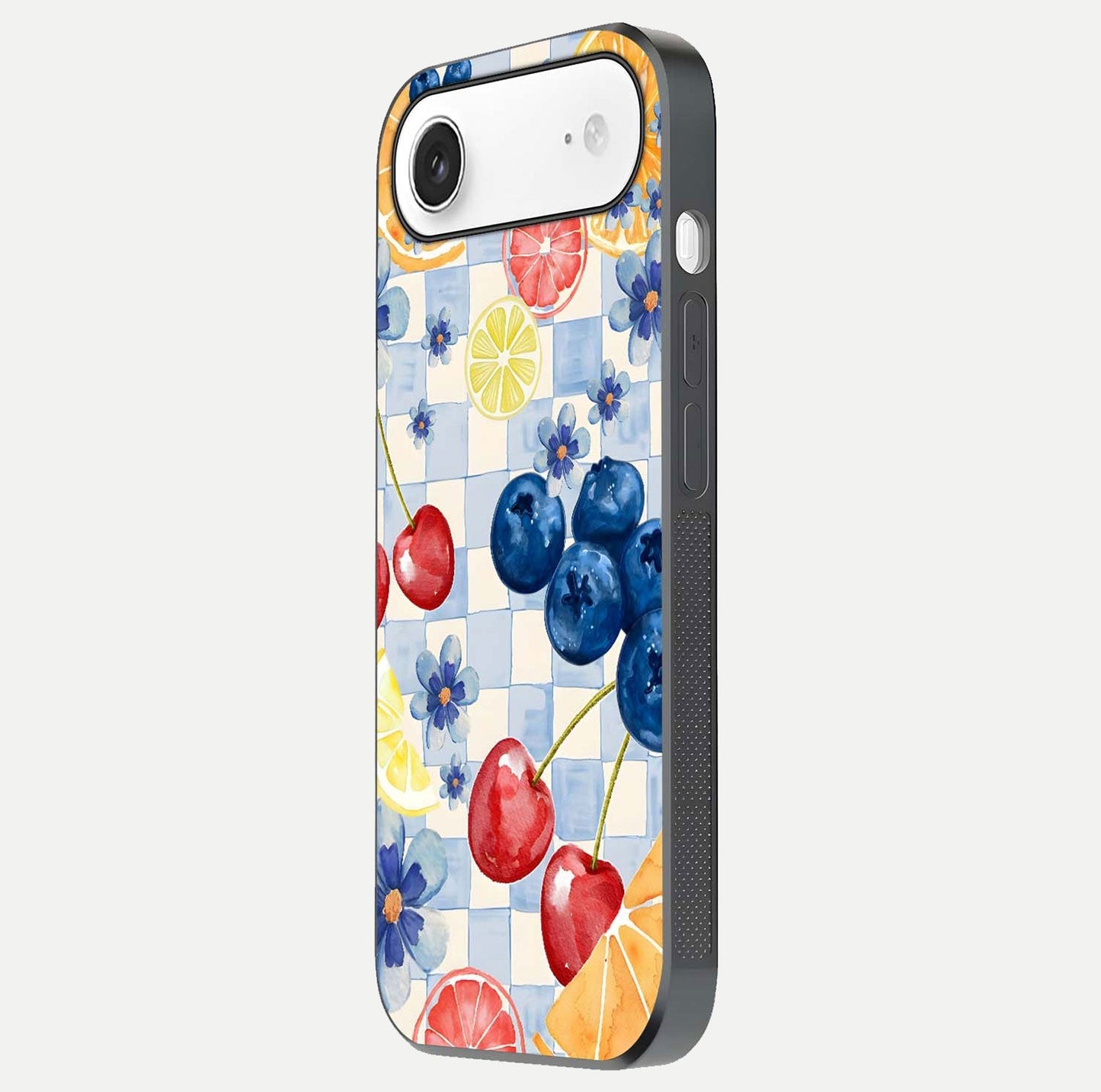Citrus Bloom Joy Glass Case for iPhone Air  side-angle photo capturing bright color and glass reflection
