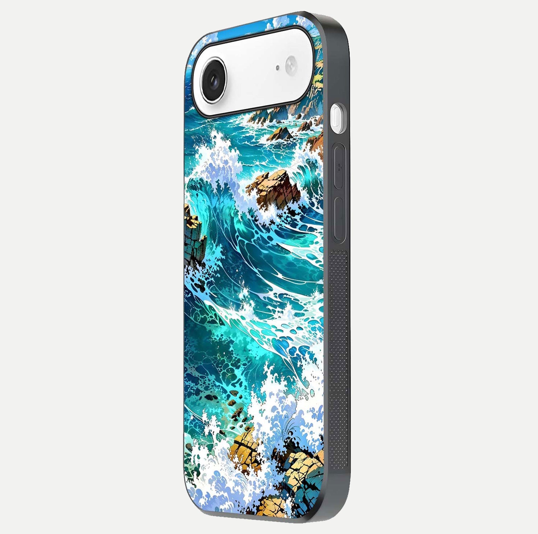 Coastal Blue Waves Glass Case for iPhone Air  side-angle photo showing gloss texture and color depth