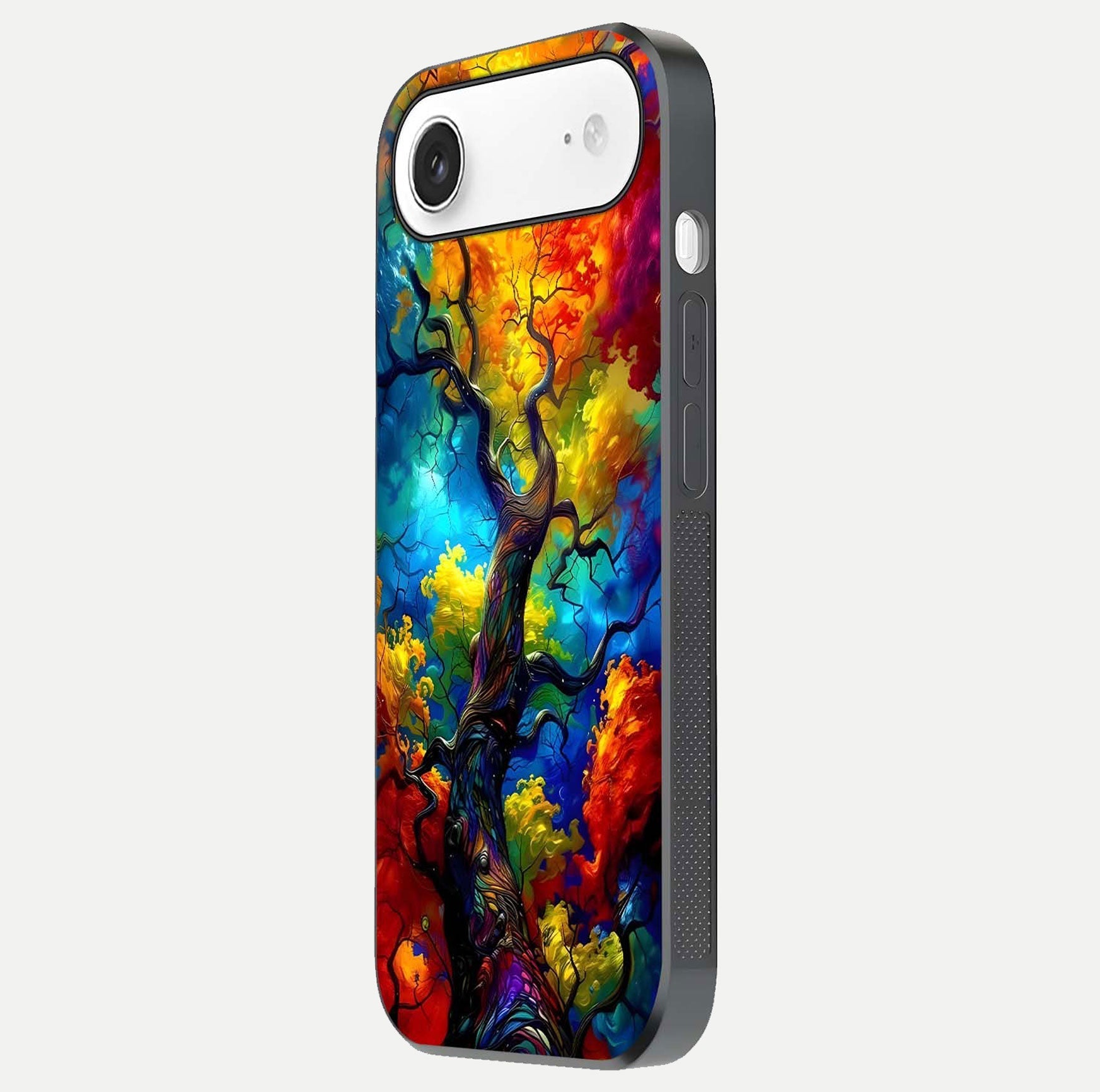 Colorful Tree Glass Case for iPhone Air  side-angle image showing curve reflection and fine print texture