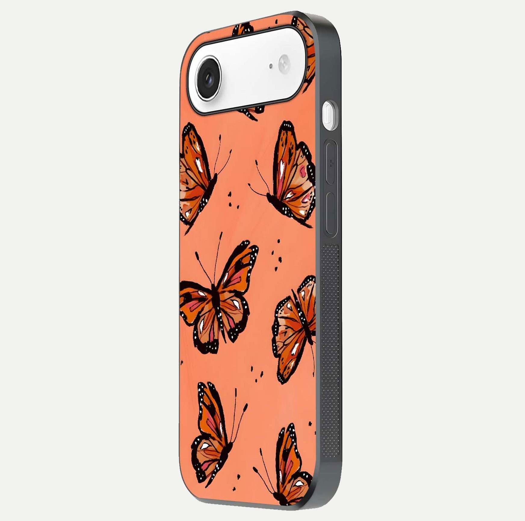 Coral Wing Butterfly Glass Case for iPhone Air  side-angle photo showing reflective finish and smooth edges