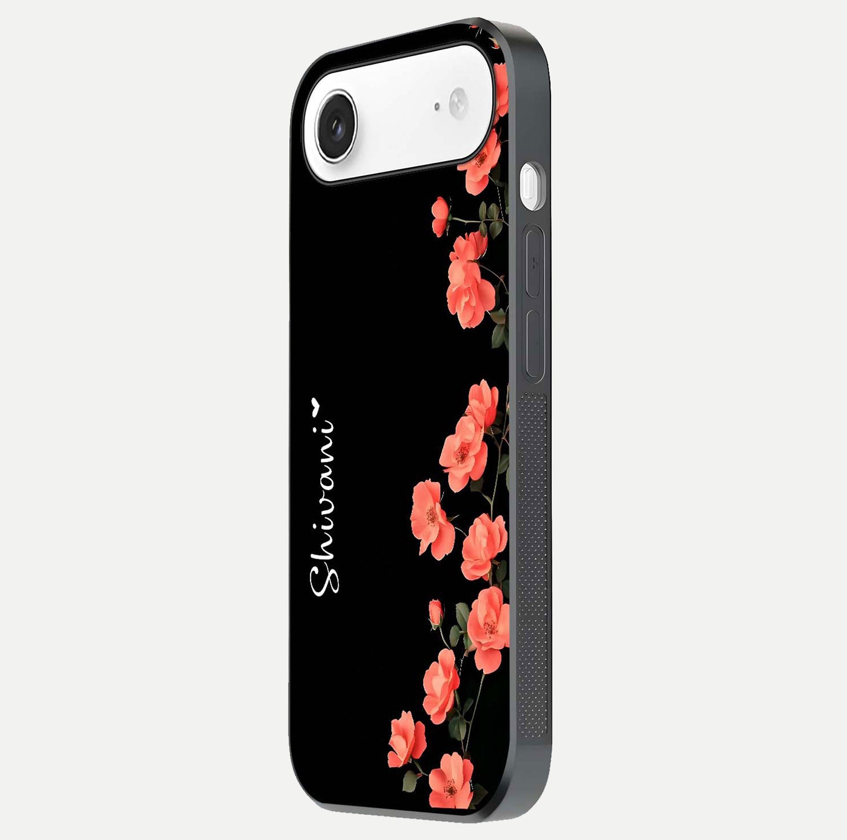 Crimson Bloom Grace Custom Name Glass Case for iPhone Air  side-angle photo capturing edge glow and name clarity