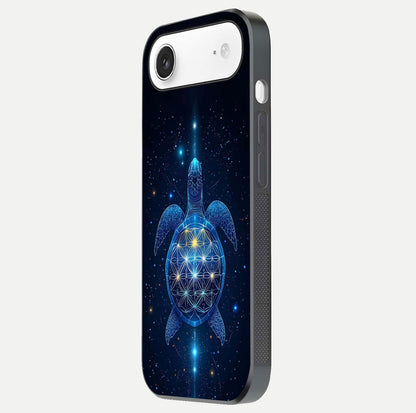 Crimson Blue Turtle Glass Case for iPhone Air  side-angle photo showing curved edge and glass gloss