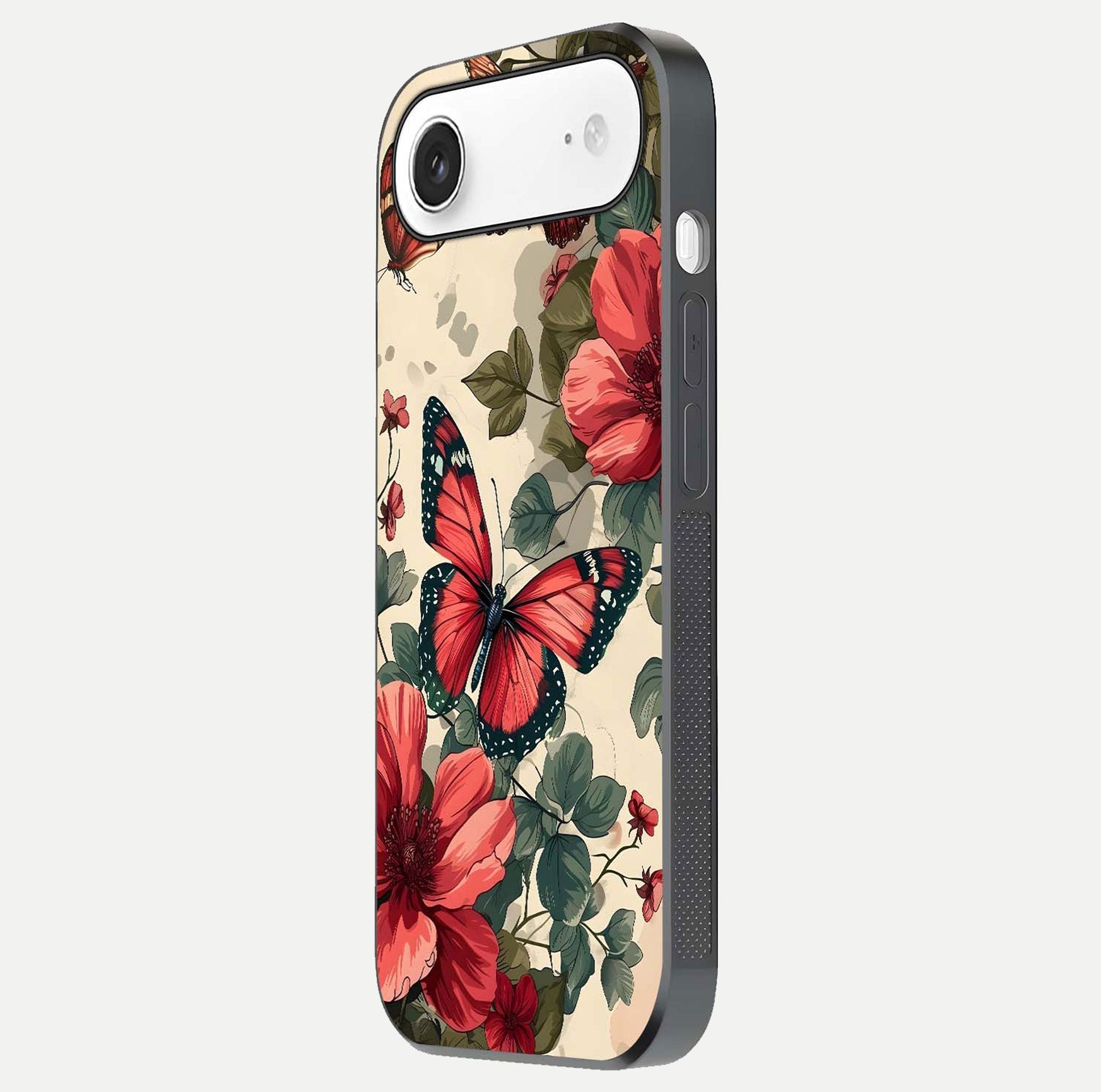 Crimson Butterfly Garden Glass Case for iPhone Air  side-angle photo capturing gloss texture and soft tone