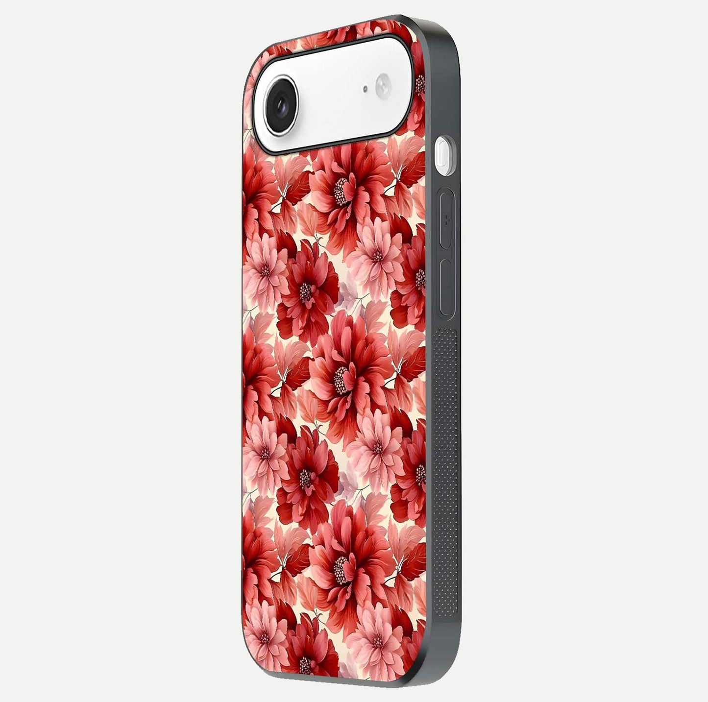 Crimson Love Petals Glass Case for iPhone Air  side-angle photo showing reflection glow and edge clarity
