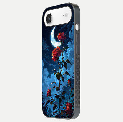 Crimson Rose Moon Glass Case for iPhone Air  side-angle photo showing reflective texture and smooth curve
