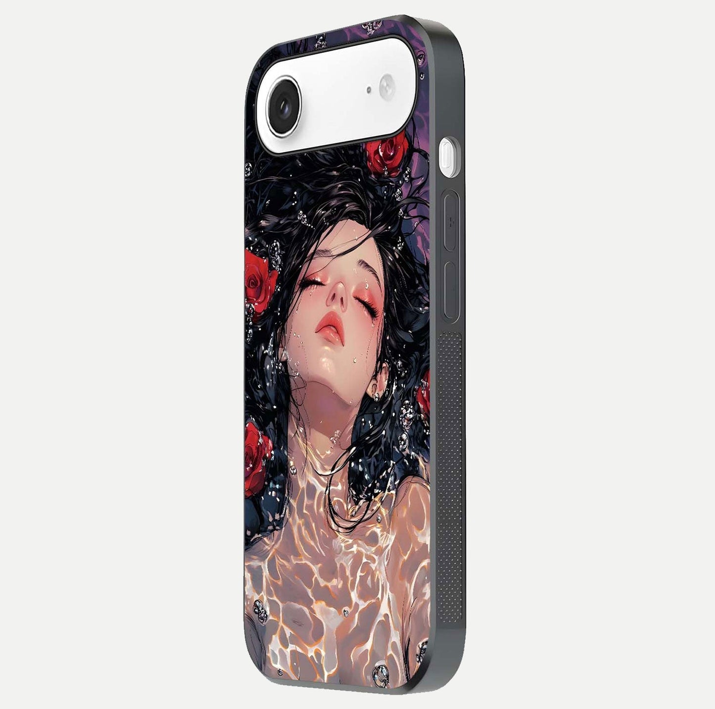 Crimson Rose Serenity Glass Case for iPhone Air  side-angle photo showing glass reflection and soft edges