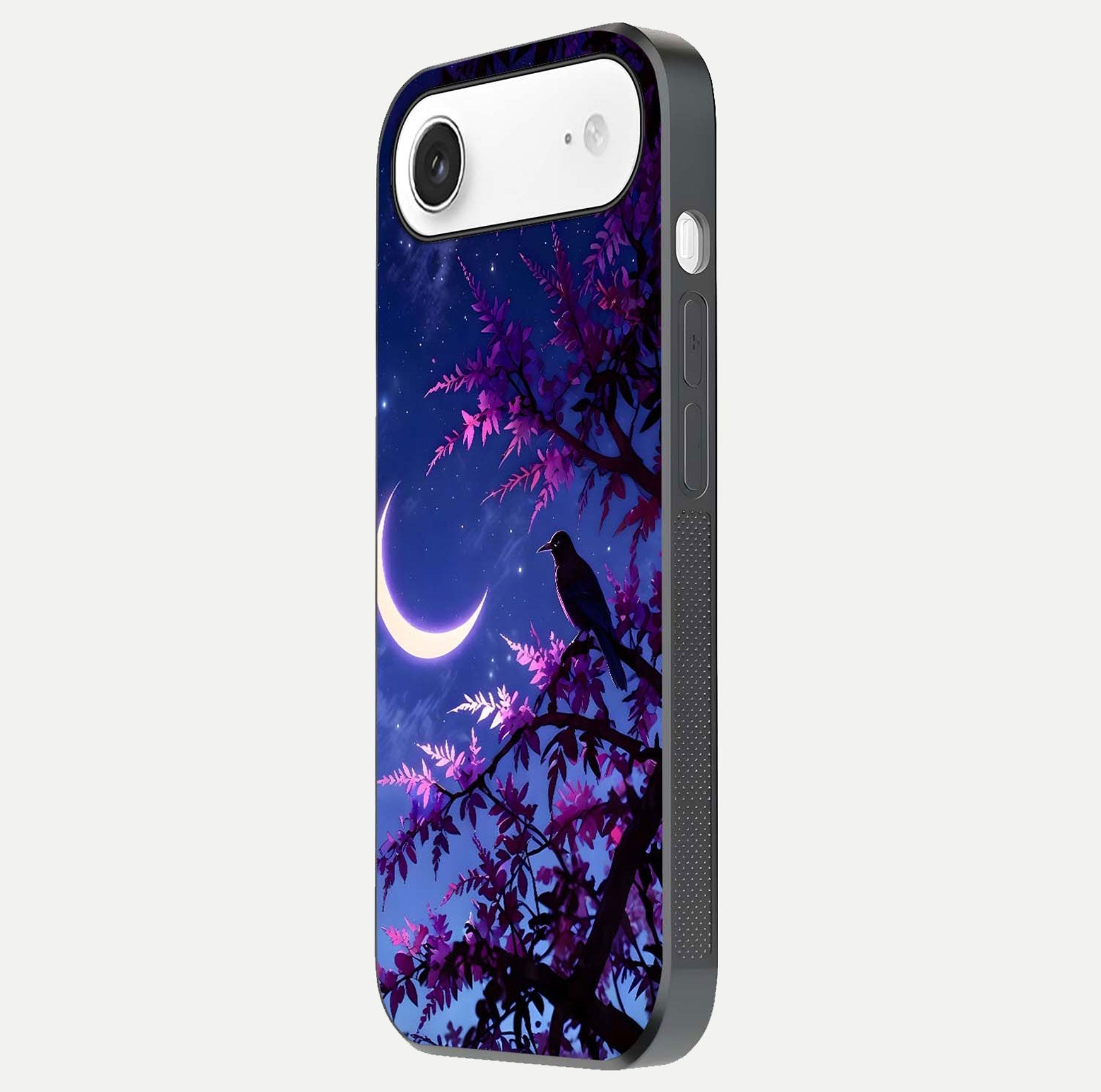 Crow & Moon Scenery Glass Case for iPhone Air  side-angle photo capturing glossy shine and artistic contrast