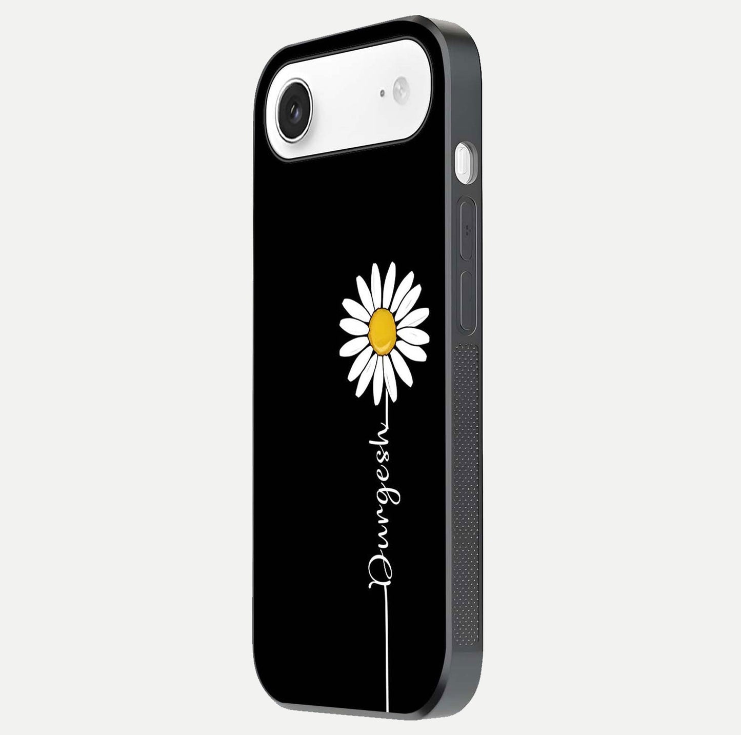 Custom Name White Flower Glass Case for iPhone Air  side-angle photo showing reflection shine and name clarity