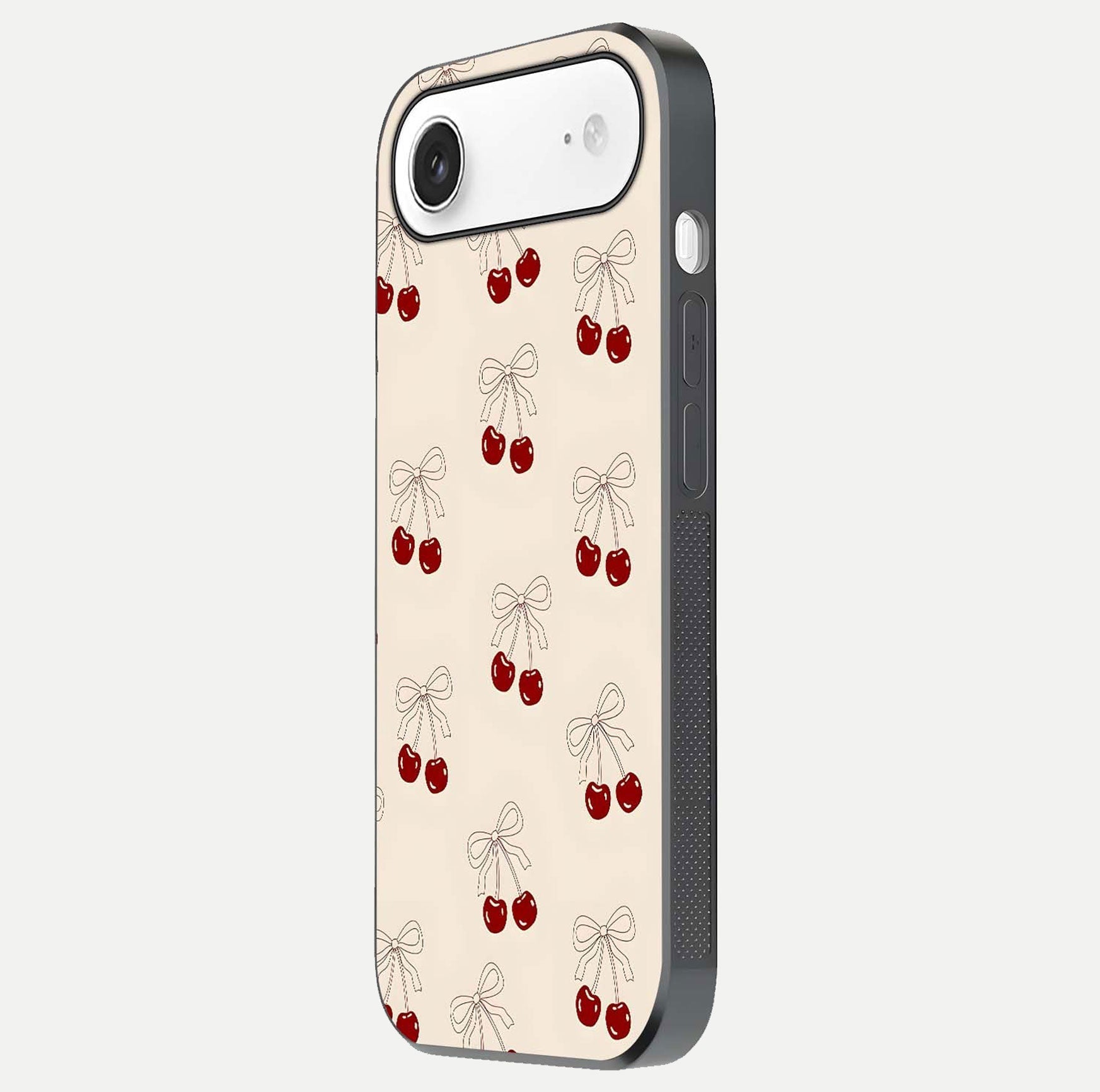 Cute Cherry Pattern Glass Case for iPhone Air  side-angle photo highlighting gloss curve and pattern clarity