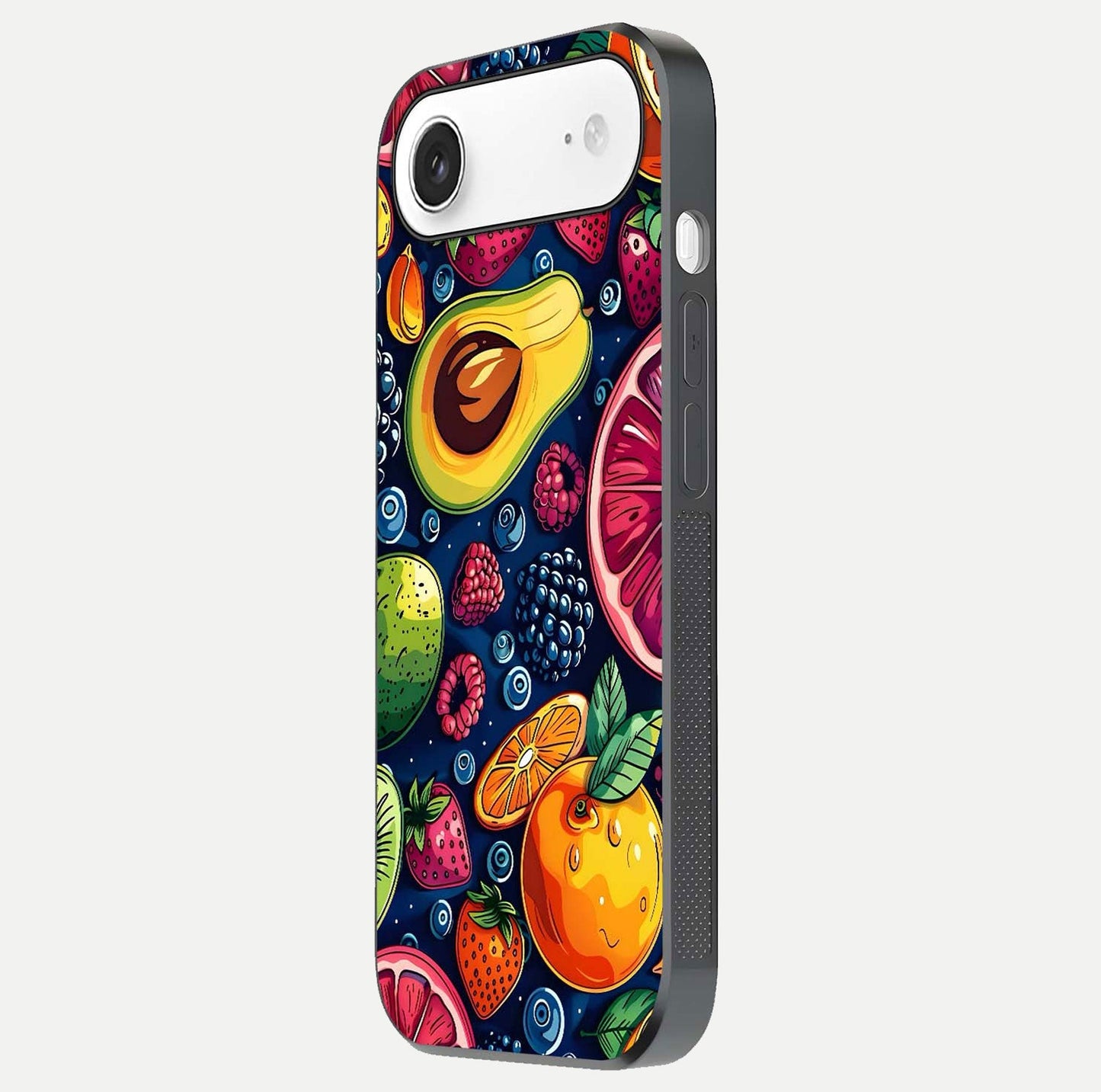 Cute Fruits Art Glass Case for iPhone Air  side-angle photo showing reflective finish and smooth edges