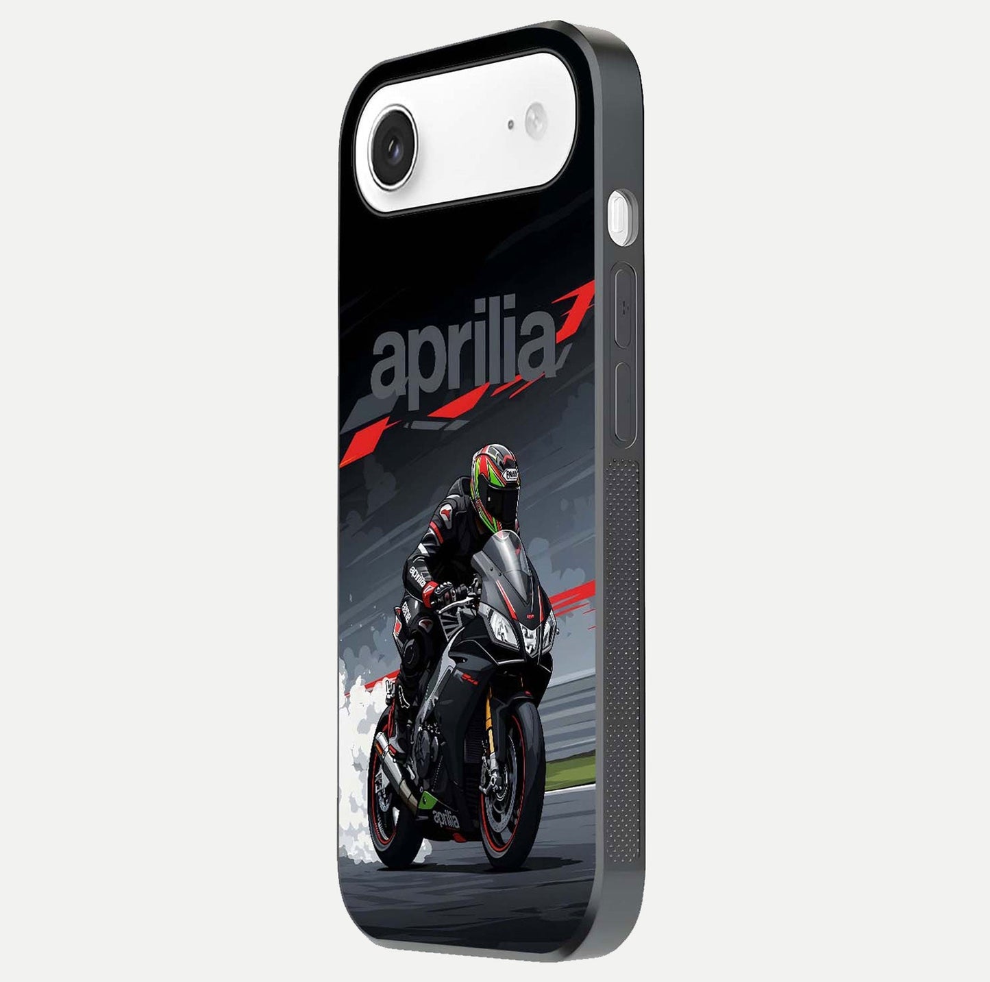 Dark Aprilla Glass Case for iPhone Air  side-angle photo showing reflection gloss and curved edge finish