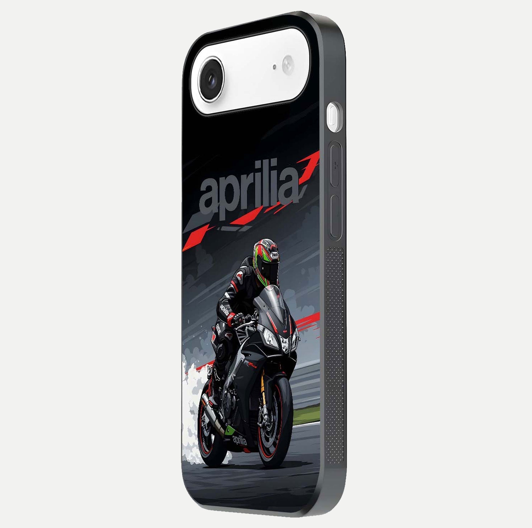 Dark Aprilla Glass Case for iPhone Air  side-angle photo showing reflection gloss and curved edge finish