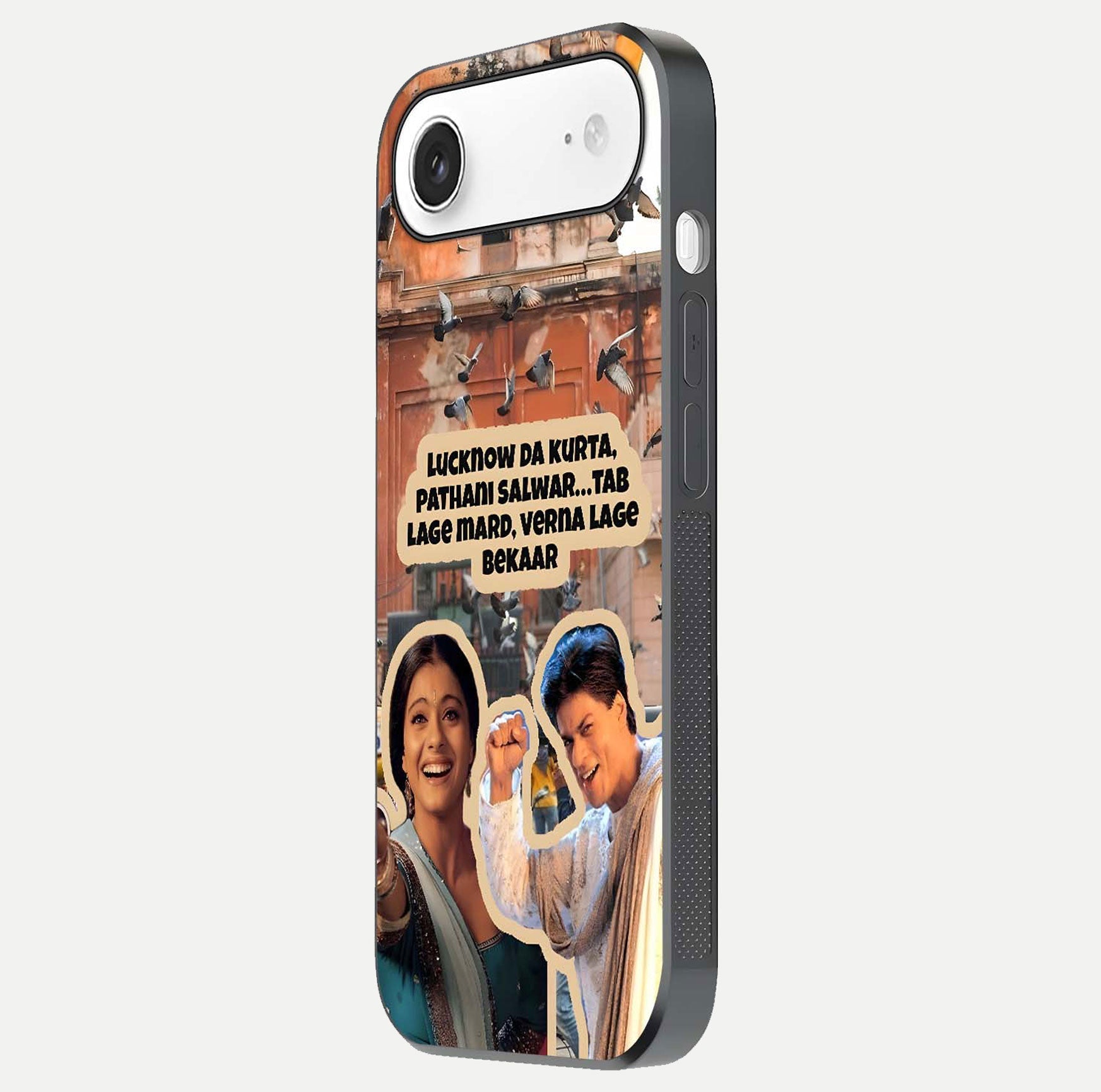 Desi Retro Vibes Glass Case for iPhone Air  side-angle image displaying gloss texture and bold pattern