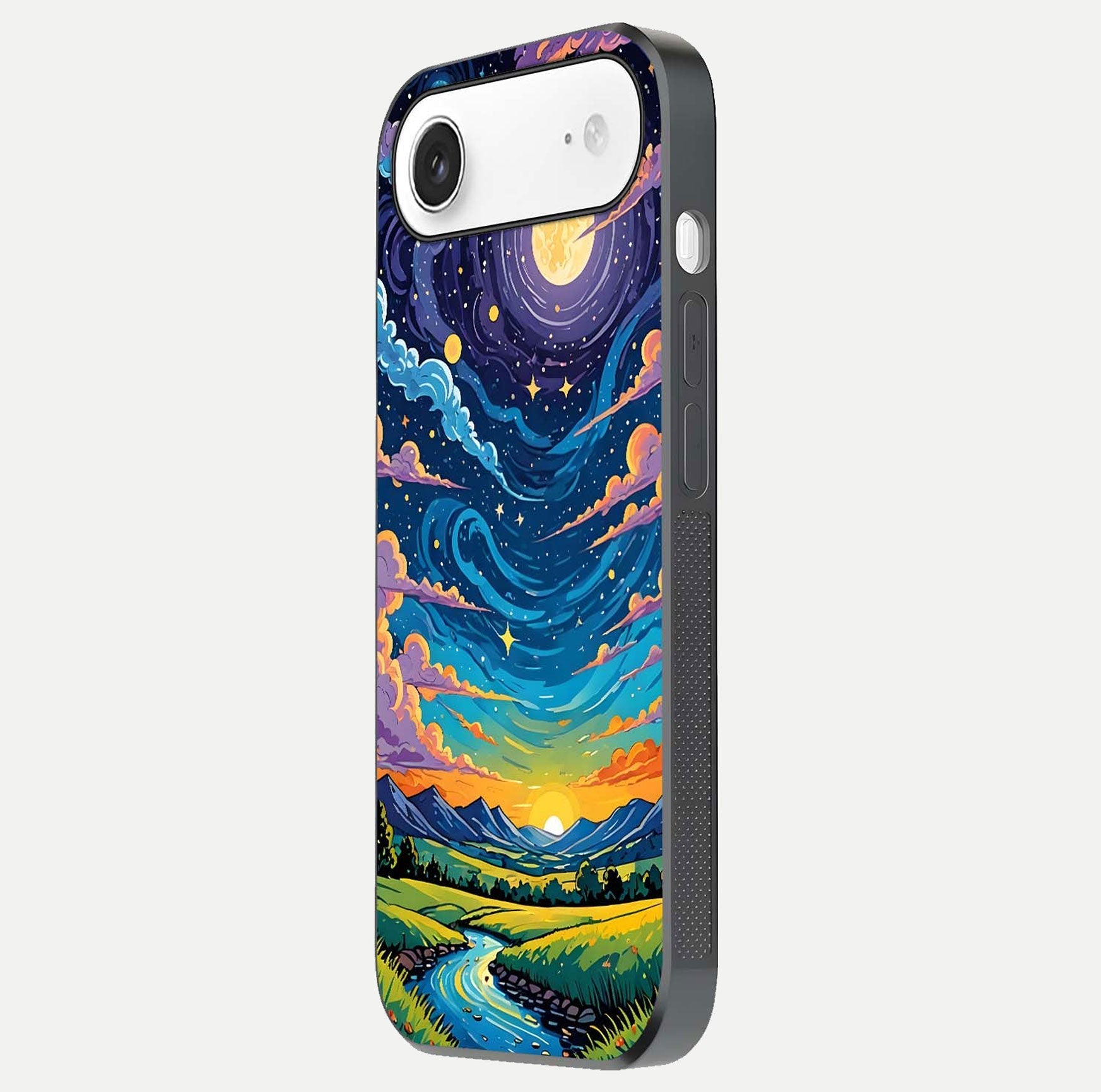 Dreamy Night Landscape Glass Case for iPhone Air  side-angle photo capturing reflection glow and edge detail