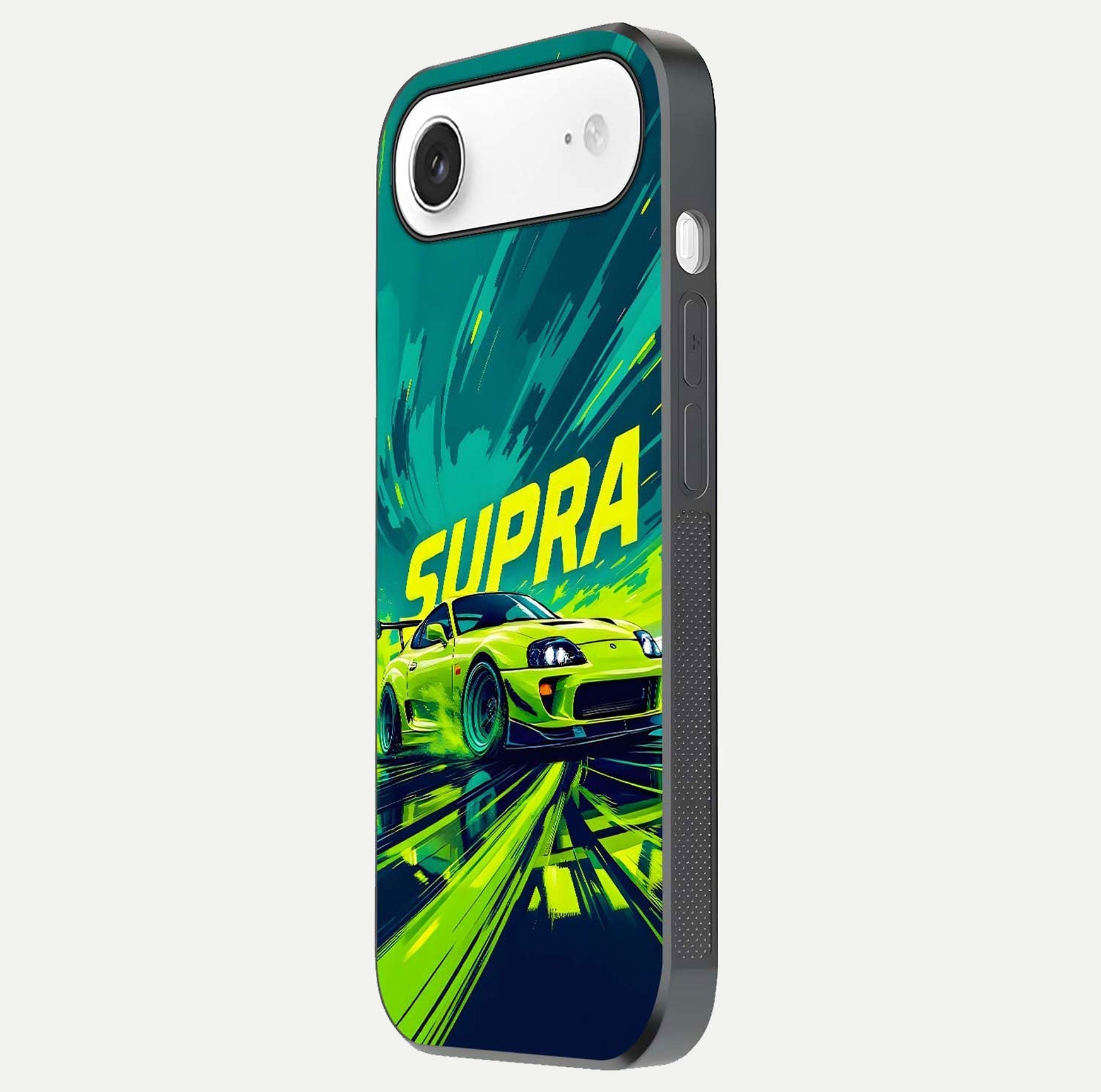 Electric Supra Thunder Glass Case for iPhone Air  side-angle photo showing sleek car outline and reflective shine