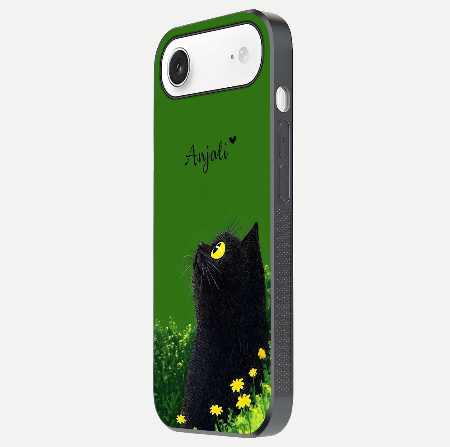 Emerald Cat Custom Name Glass Case for iPhone Air  side-angle photo showing name clarity and glass reflection