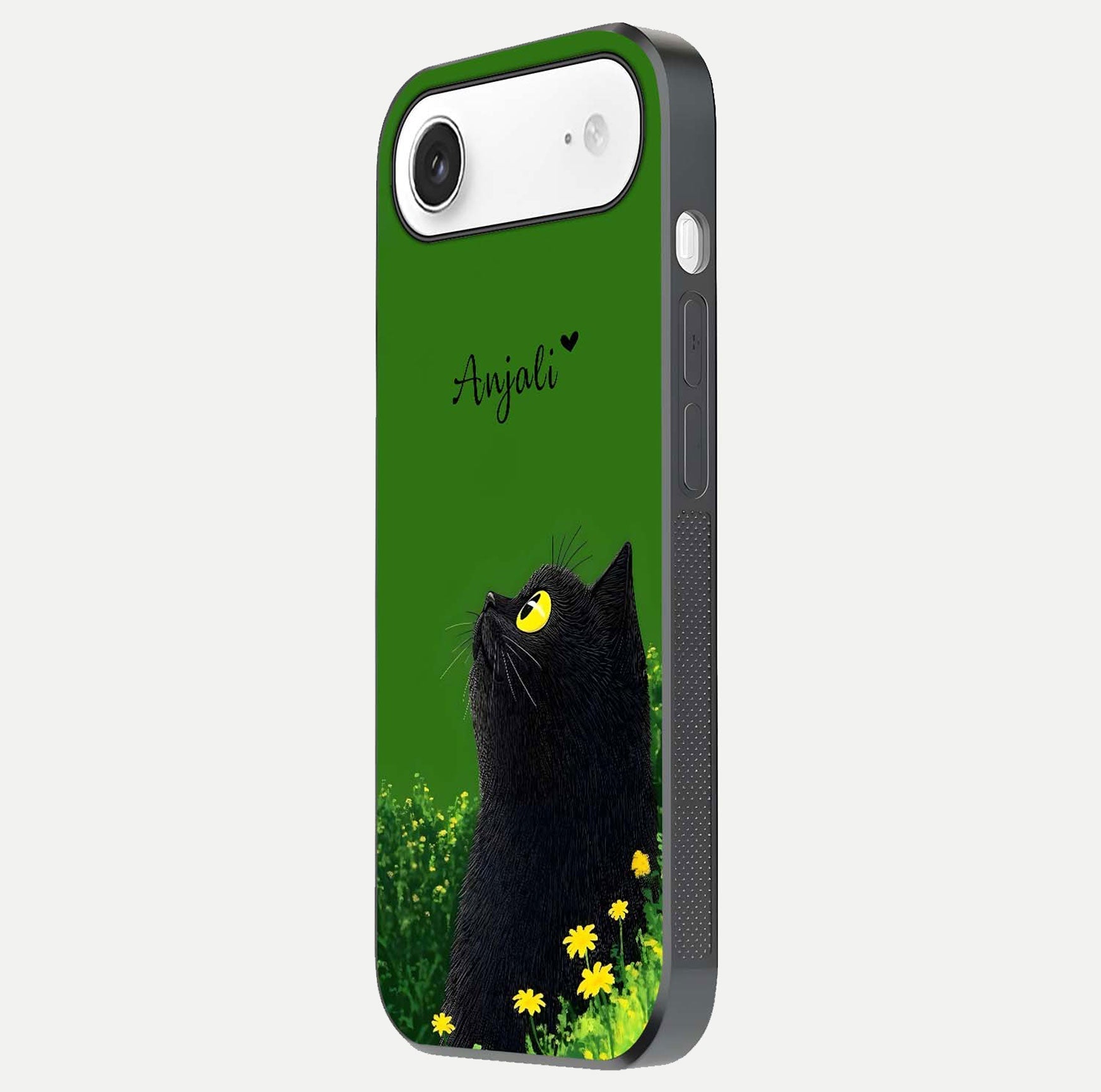 Emerald Cat Custom Name Glass Case for iPhone Air  side-angle photo showing name clarity and glass reflection