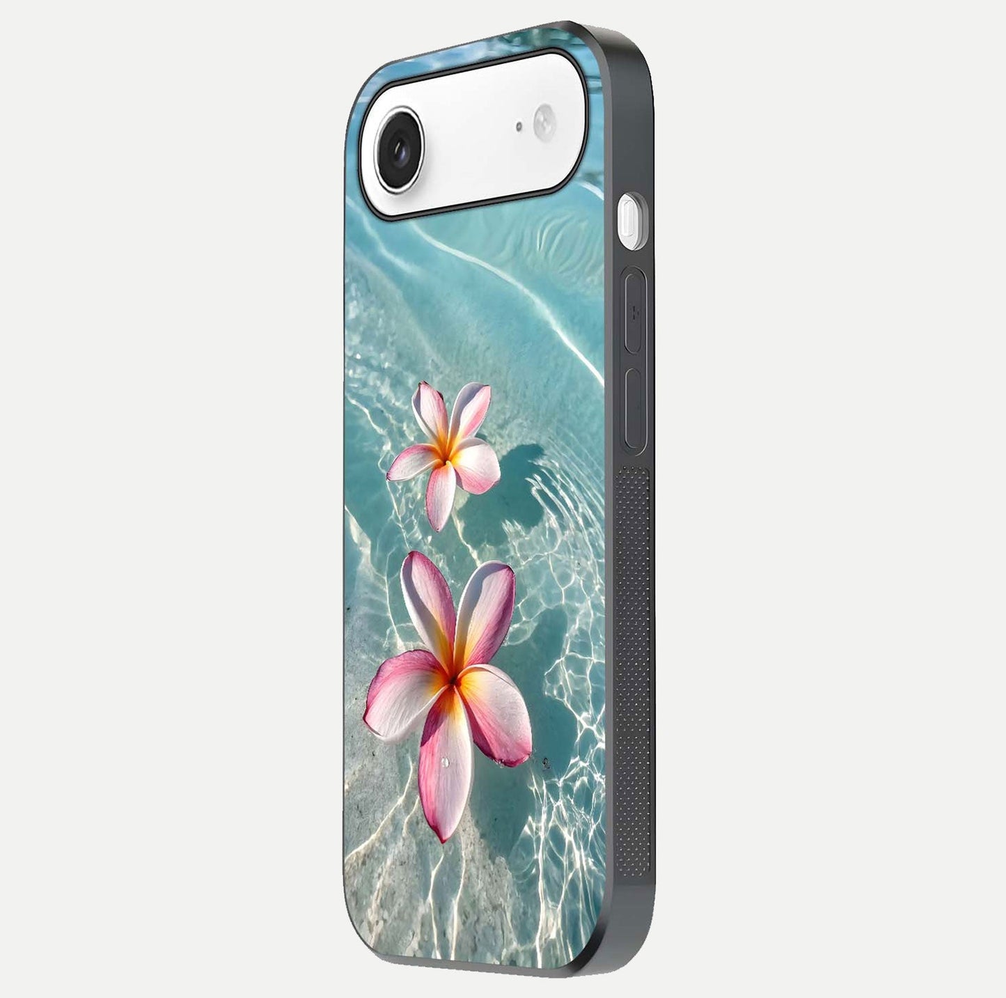 Floating Bloom Bliss Glass Case for iPhone Air  side-angle photo showing smooth reflection and elegant curve
