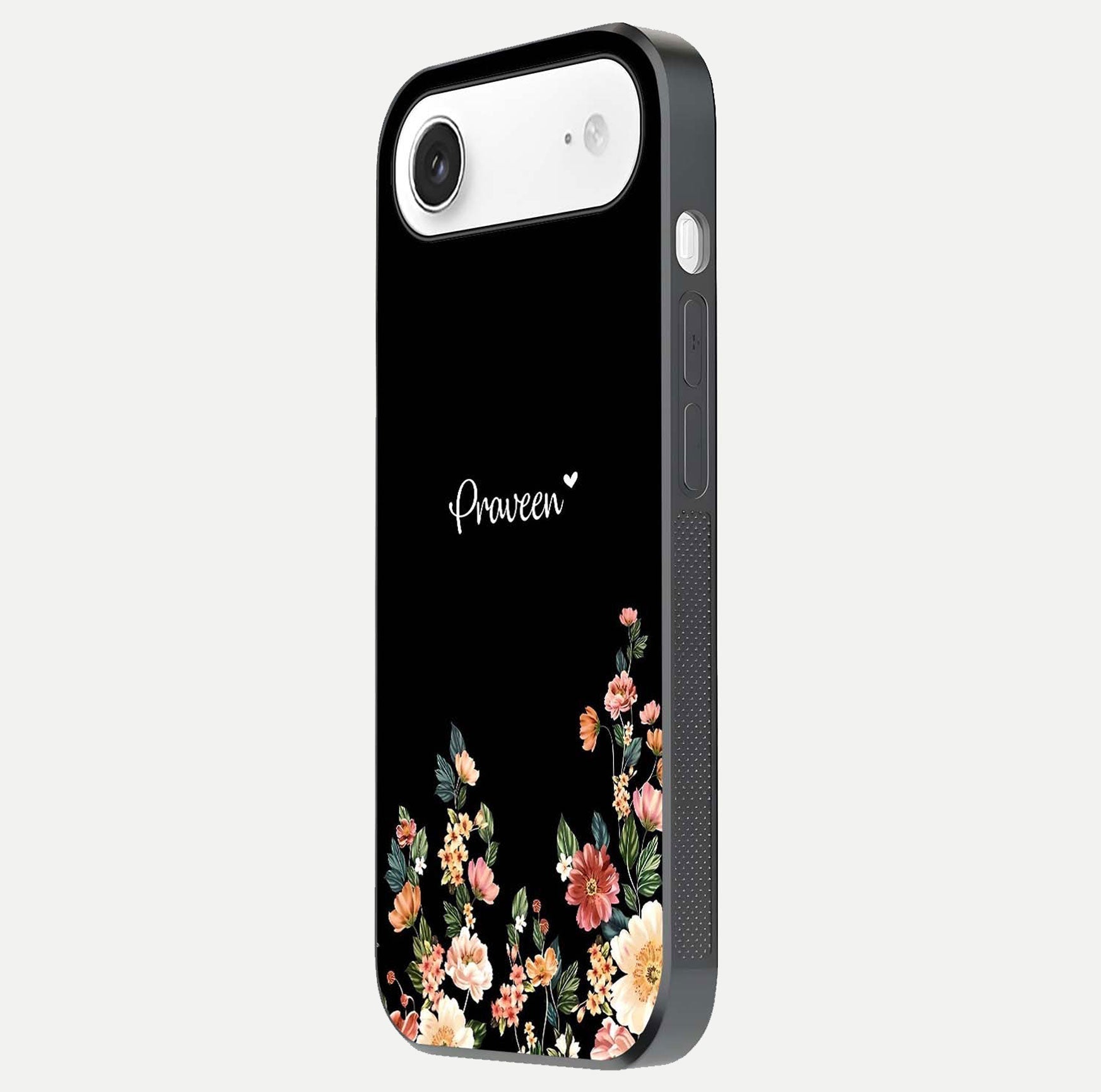 Floral Design Personalized Custom Name Glass Case for iPhone Air  side-angle image showing name alignment and gloss shine