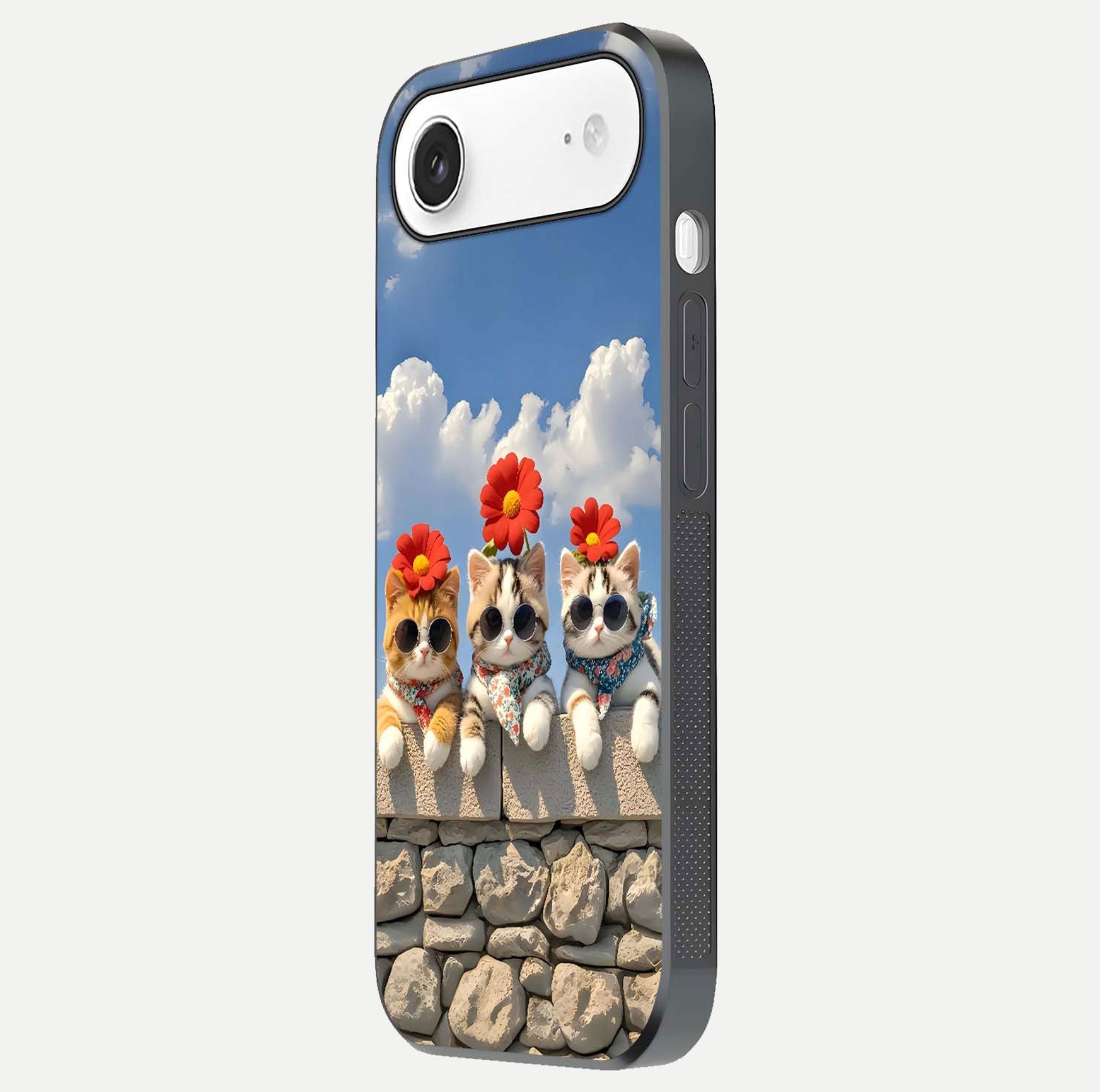 Floral Kitty Squad Glass Case for iPhone Air  side-angle photo showing reflection glow and polished surface