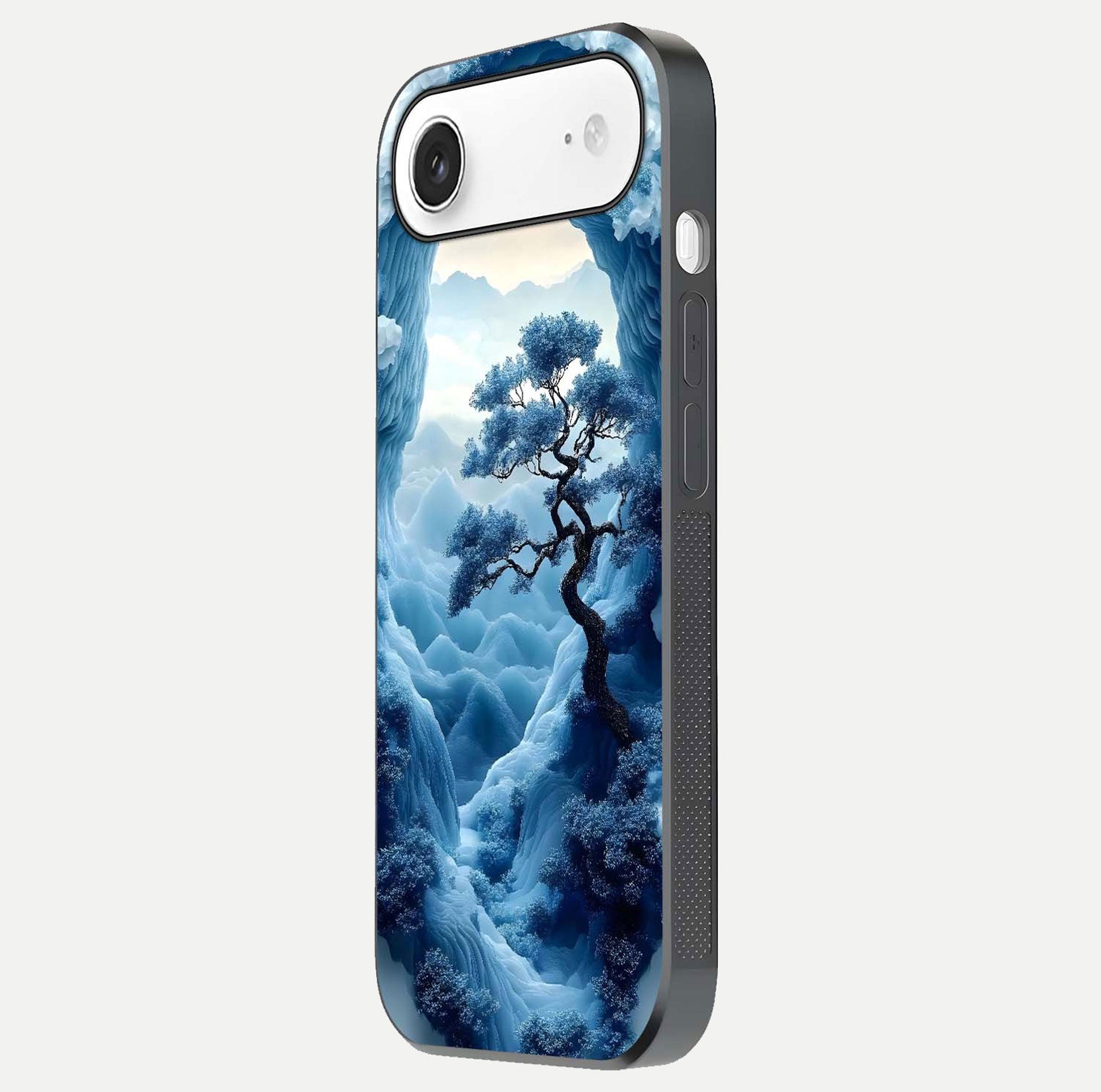 Frozen Serenity Gate Glass Case for iPhone Air  side-angle photo showing reflective surface and cold tones