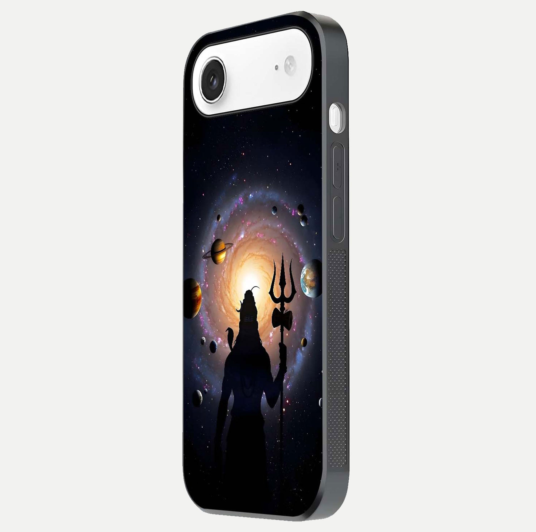Galactic Shiva Vision Glass Case for iPhone Air  side-angle image showing light reflection, glass edges, and spiritual cosmic theme