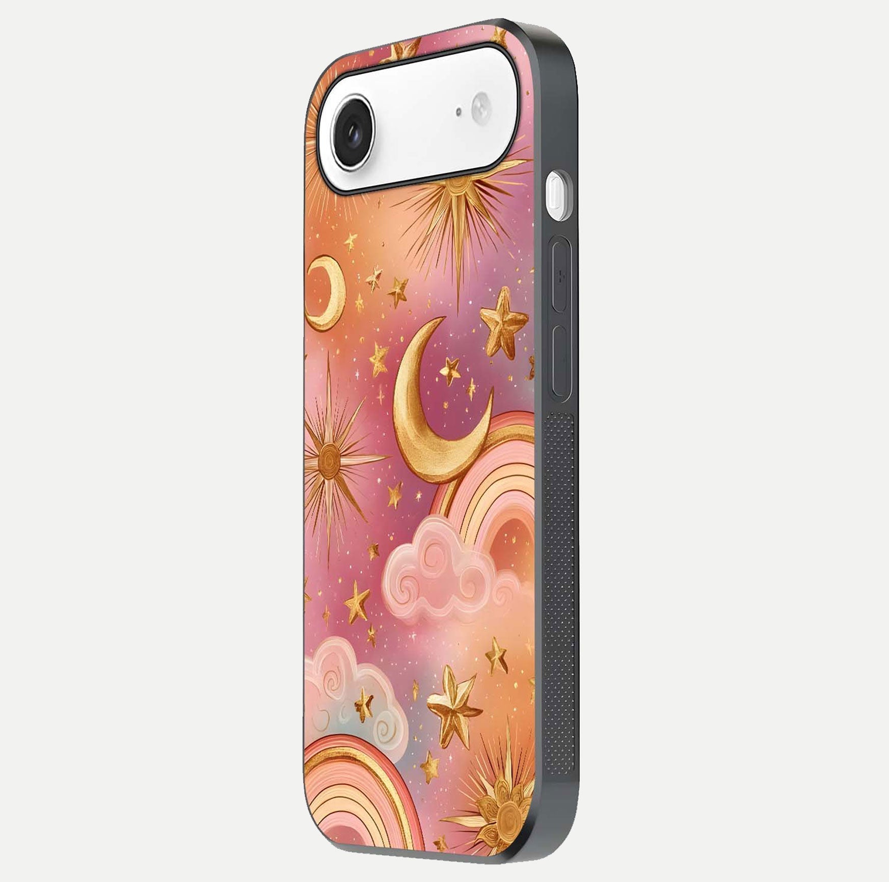 Golden Celestial Dreams Glass Case for iPhone Air  side-angle image capturing reflection brightness and starry detail