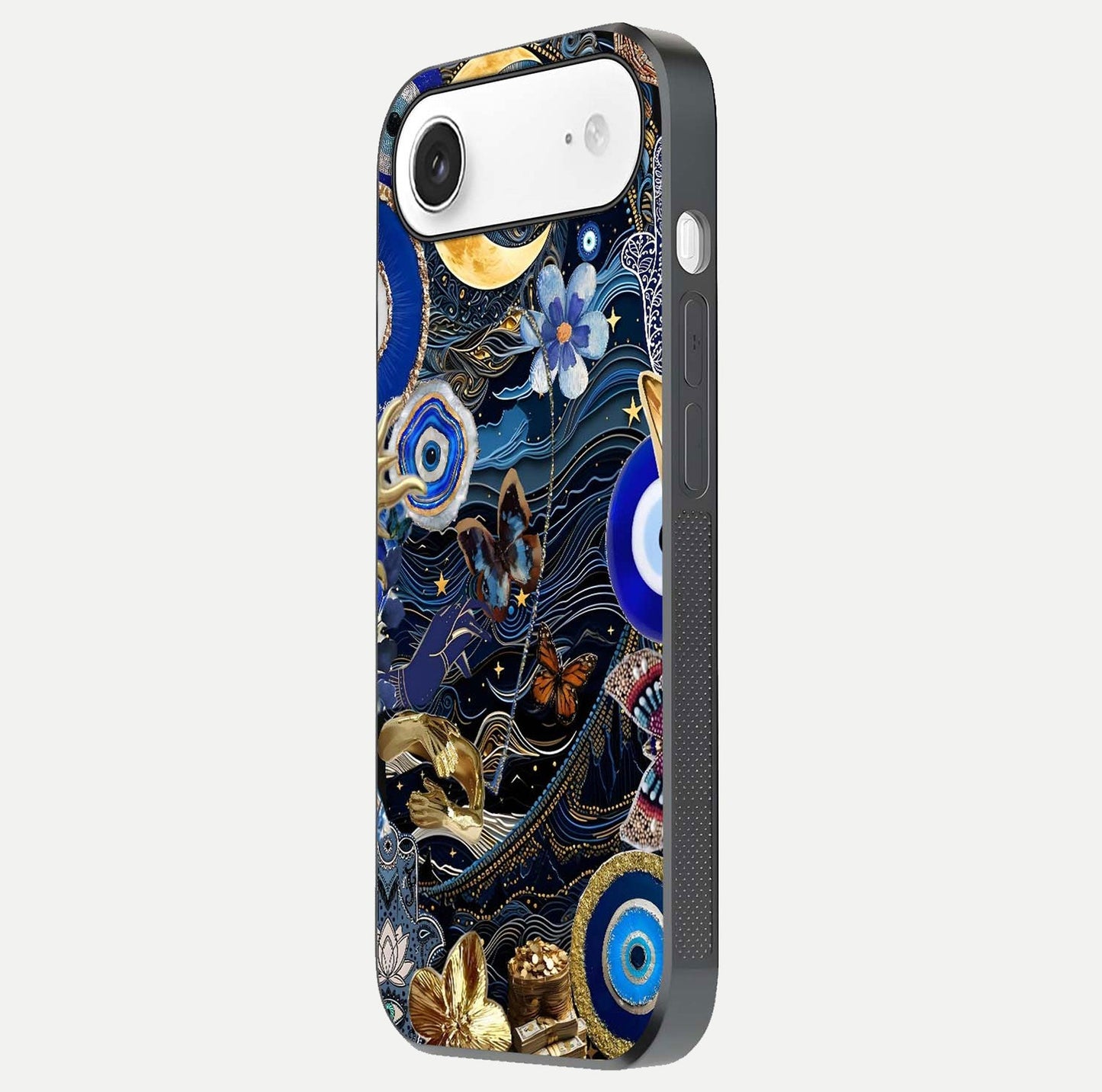 Golden Moon Magic Glass Case for iPhone Air  side-angle image showing reflection glow, curved polish, and moon detail