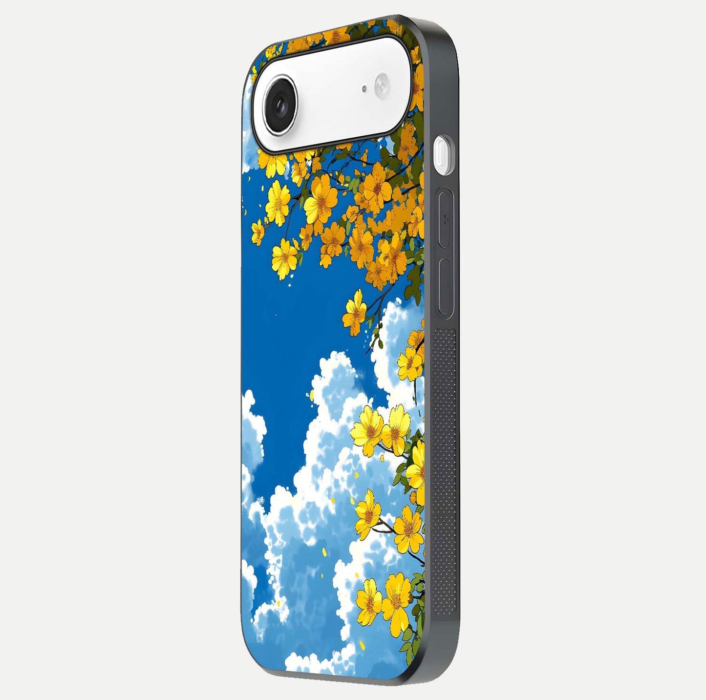 Golden Petal Sky Glass Case for iPhone Air  side-angle image showing reflection depth and metallic floral tones