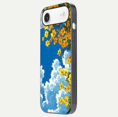 Golden Petal Sky Glass Case for iPhone Air  side-angle image showing reflection depth and metallic floral tones