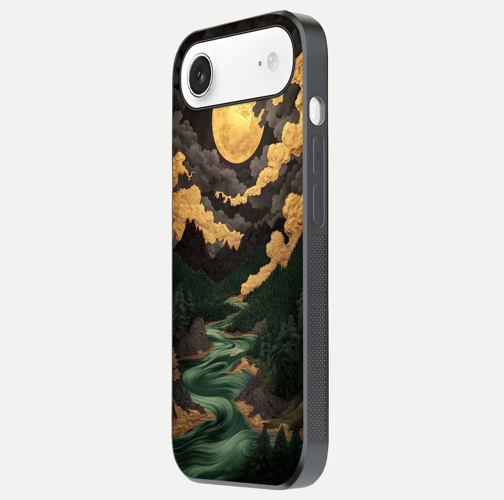 Golden River Moon Glass Case for iPhone Air  side-angle image showing reflection clarity and detailed nightscape