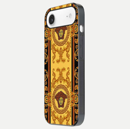 Golden Royal Heritage Glass Case for iPhone Air  side-angle image showing reflection glow and luxury detailing