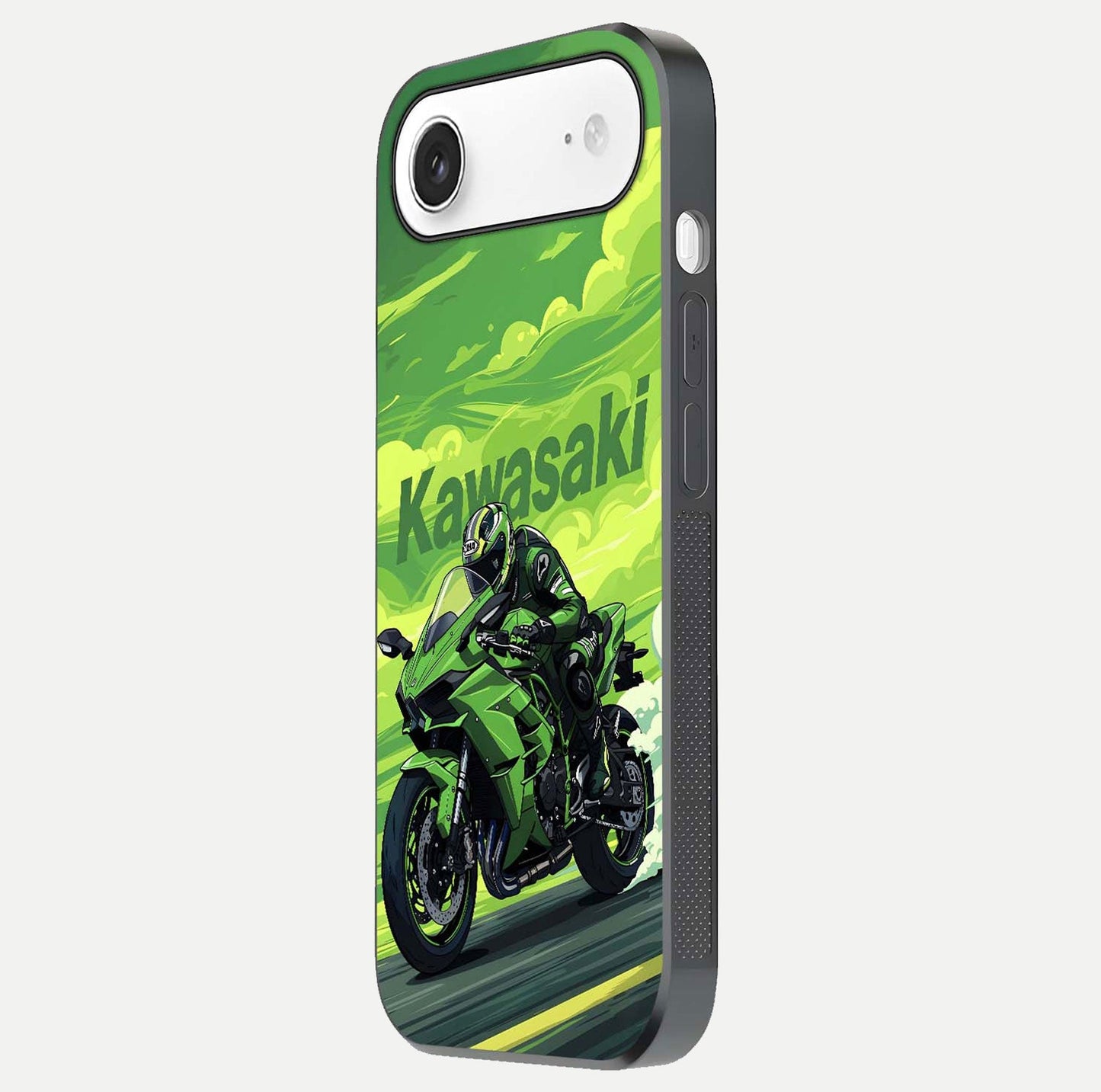 Green Kawasaki Glass Case for iPhone Air  side-angle image showing reflection depth and metallic green accent