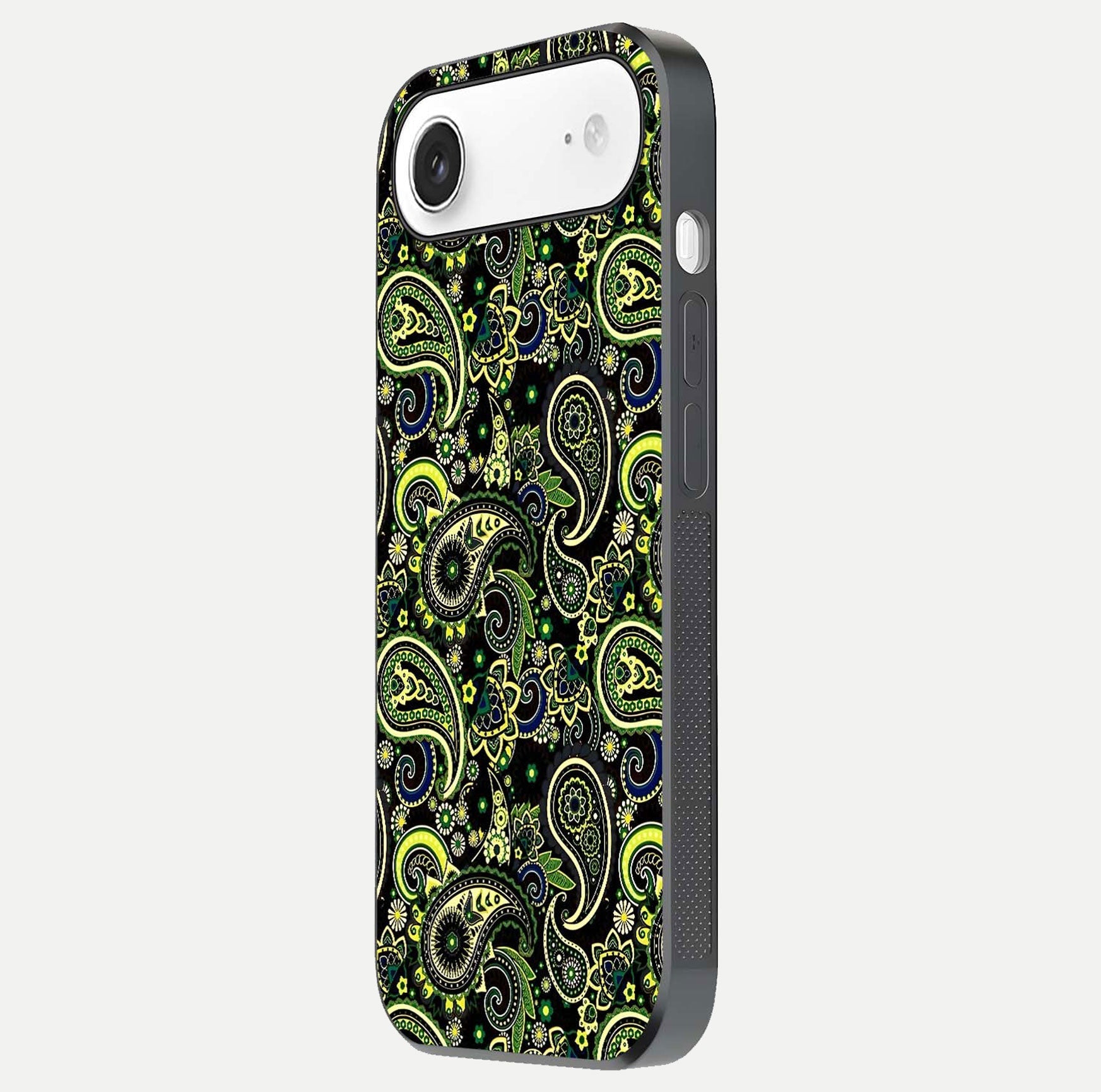 Green Mandala Pattern Glass Case for iPhone Air  side-angle image showing reflection clarity and detailed pattern lines