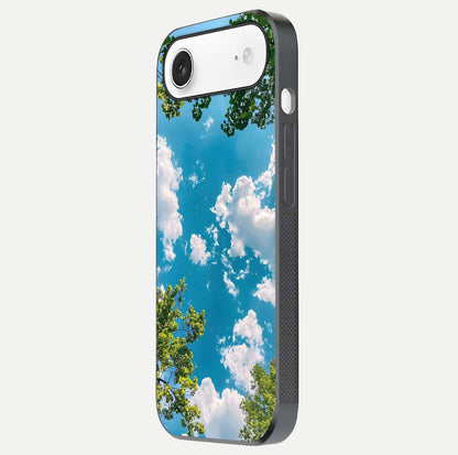 Greenery Sky Glass Case for iPhone Air  side-angle image showing reflection glow and nature-themed pattern