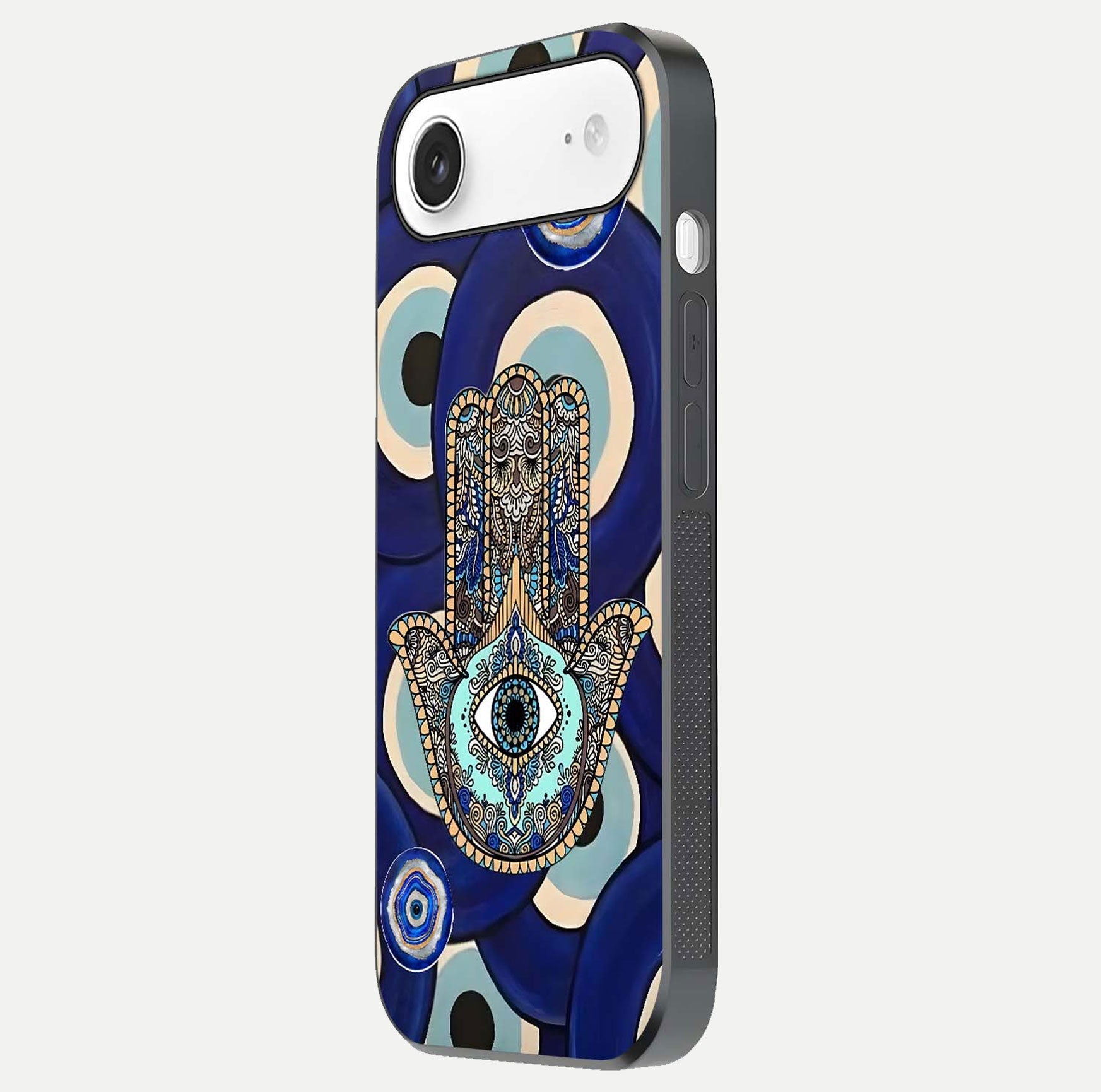 Hamsa Divine Guard Glass Case for iPhone Air  side-angle image showing reflection brilliance and protective design