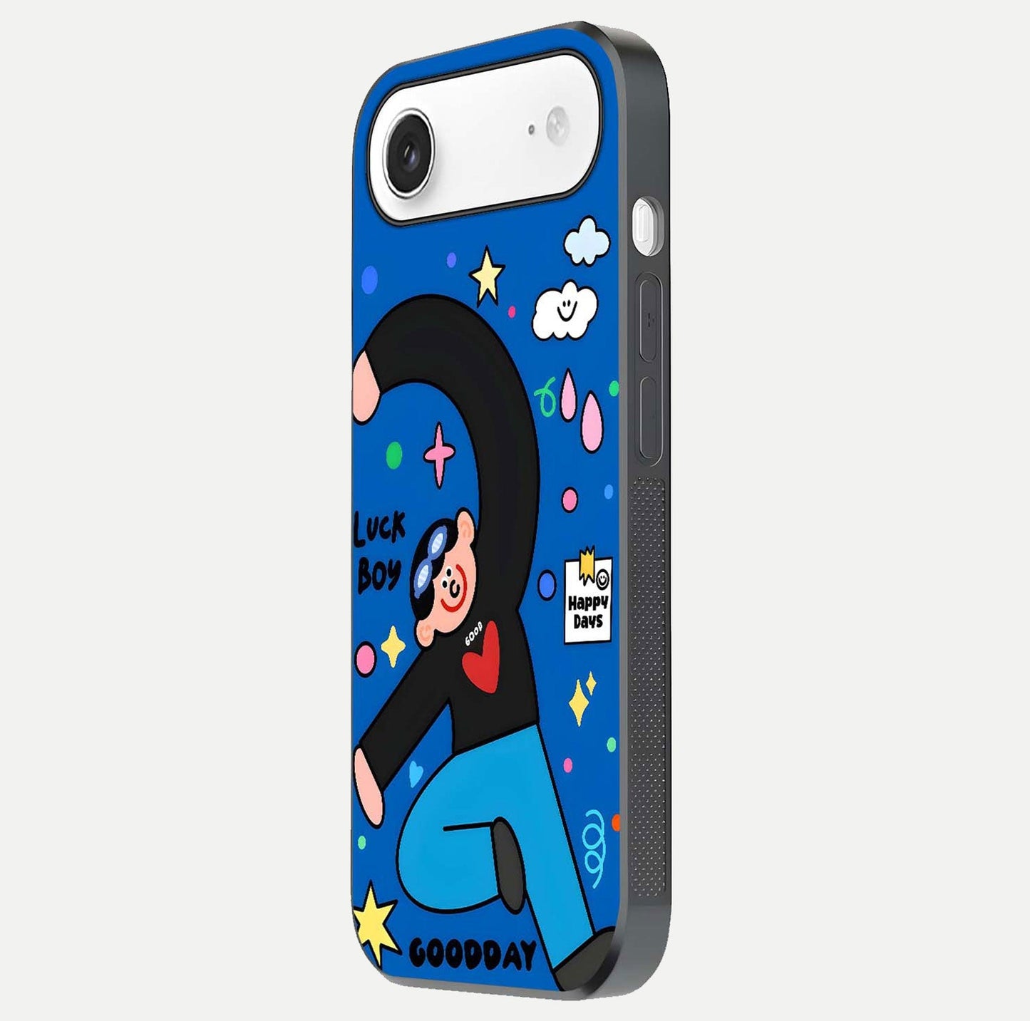 Happy Luck Vibe Glass Case for iPhone Air  side-angle image showing reflection polish and vivid charm design